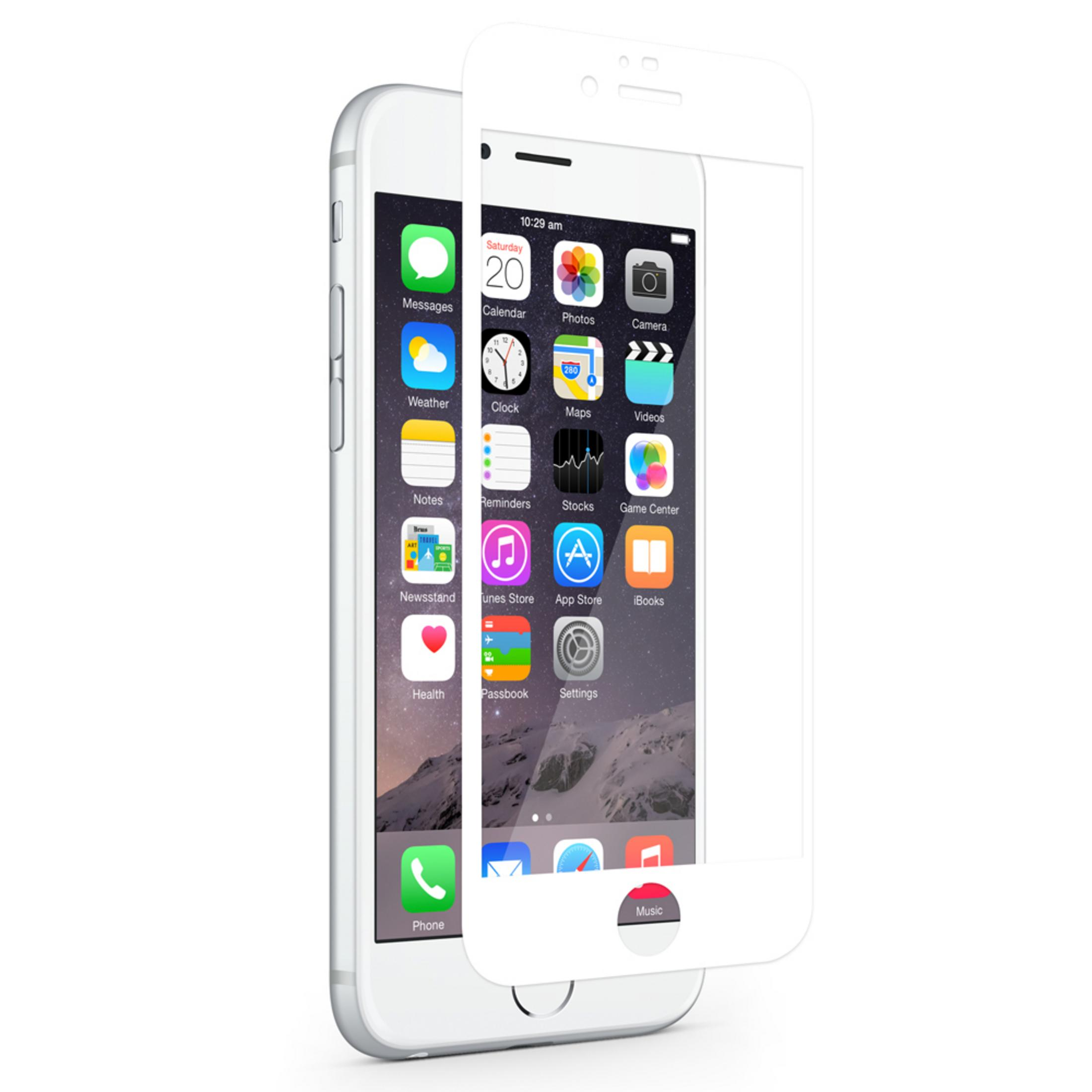 Un iPhone bianco mostra la schermata principale, parzialmente coperta da una protezione schermo trasparente.