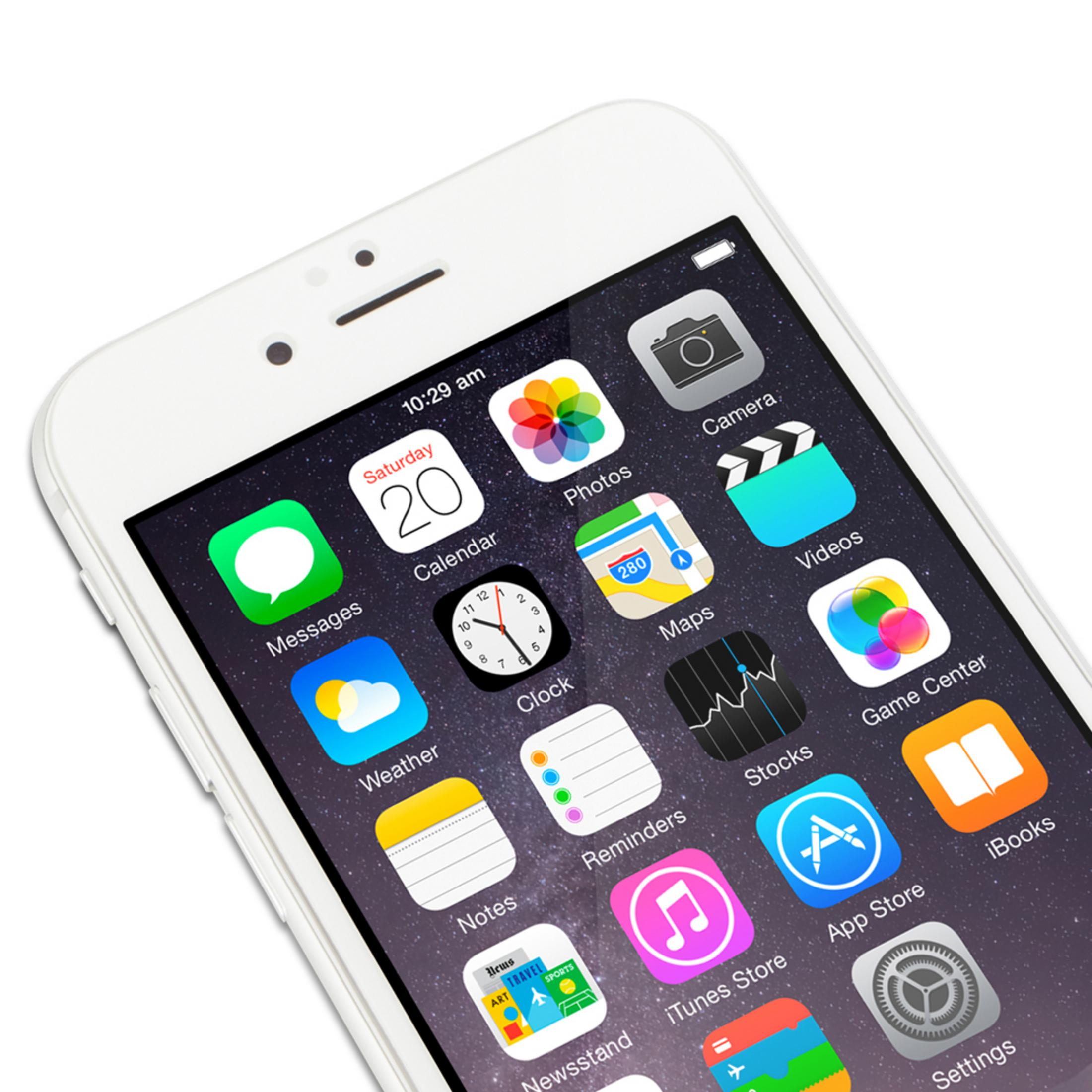 iPhone bianco che mostra la schermata Home con icone app come Calendario, Foto, Mappe e Fotocamera.