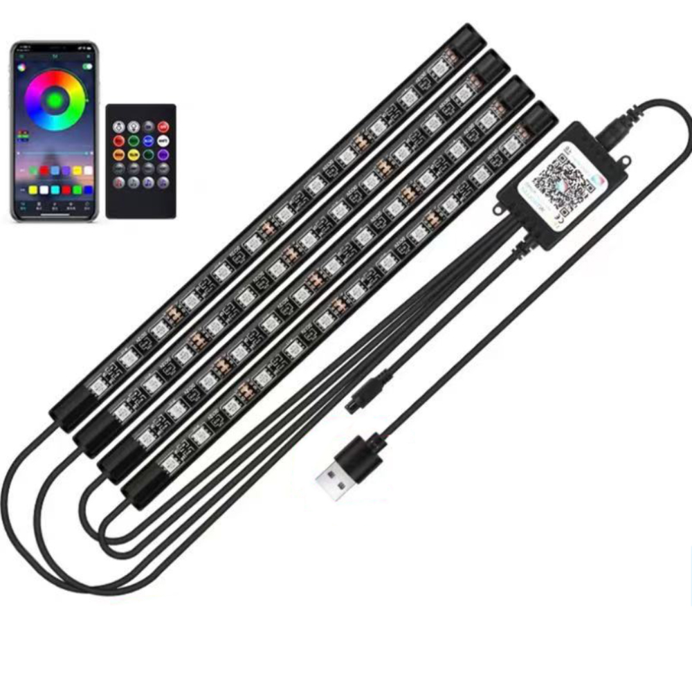 Quattro strisce LED, un telecomando e uno smartphone che mostra opzioni di colore.
