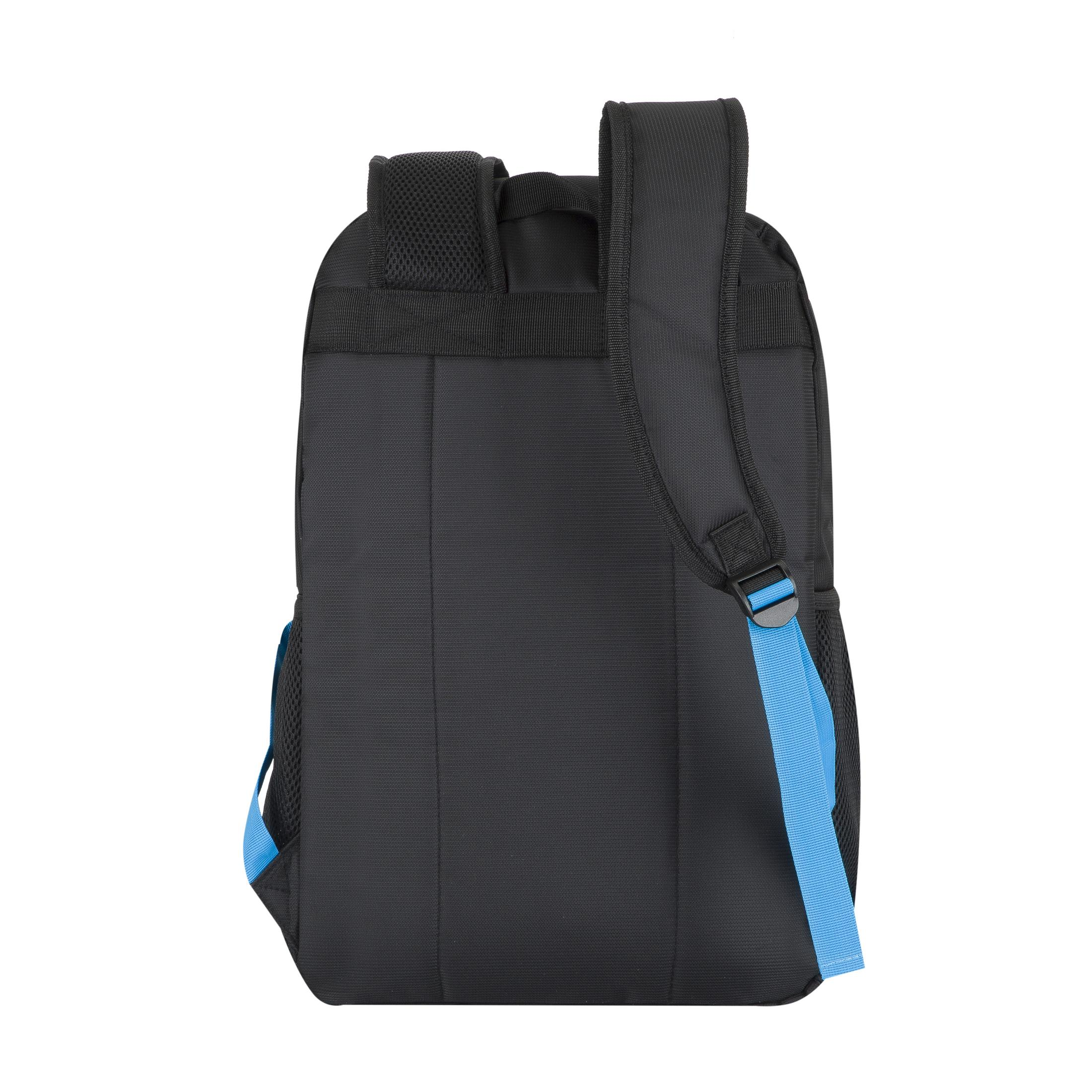 Schwarzer Rucksack mit blauen Trägern und Netzdetails, Rückansicht.