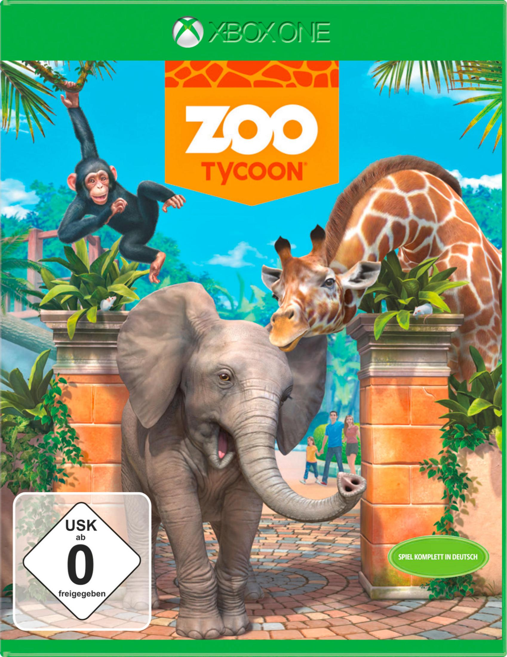 Zoo Tycoon Cover: Elefant, Giraffe, Affe, Maus, Familie vor Torbögen im Zoo.