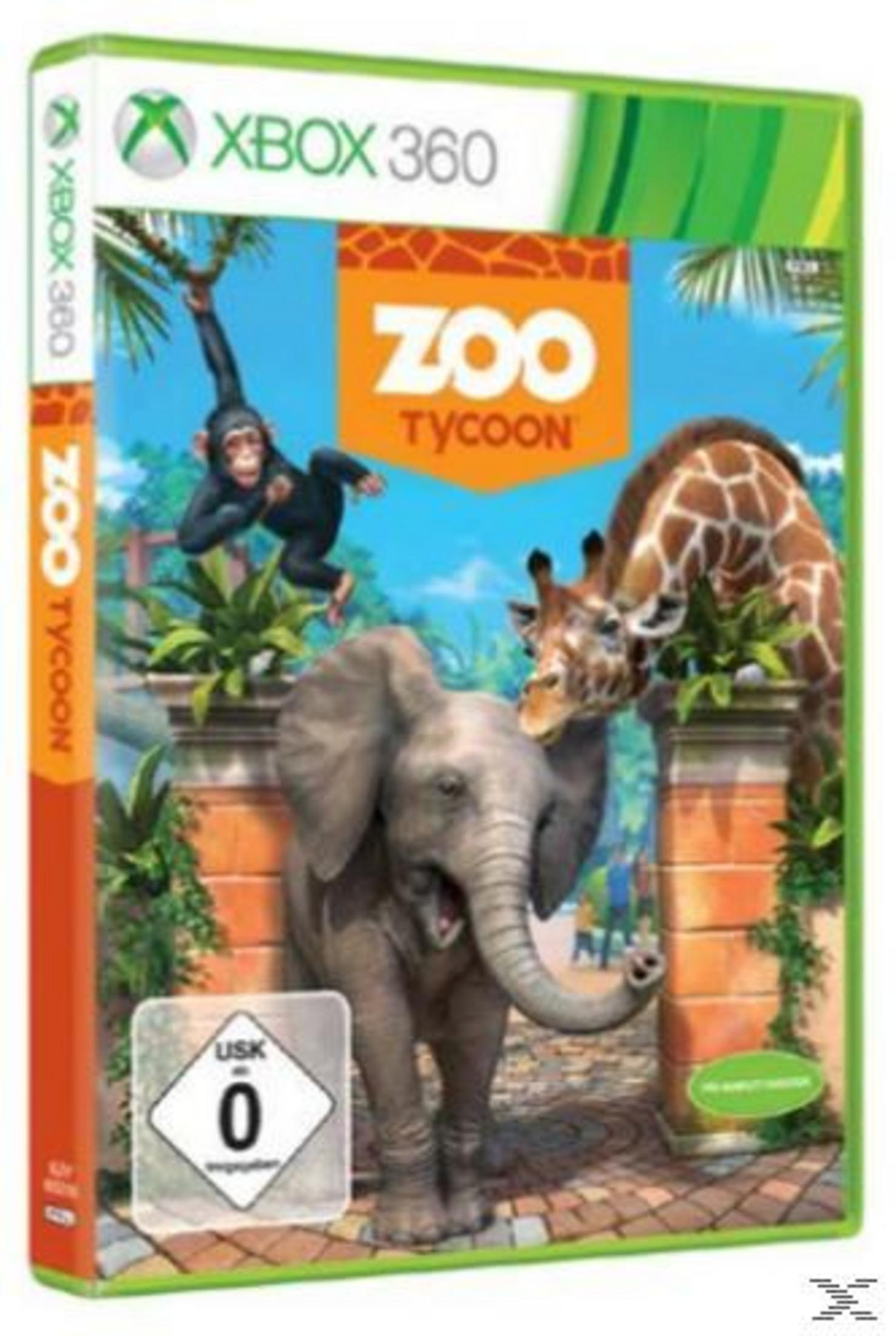 Zoo Tycoon Xbox 360 Hülle mit Elefant, Giraffe, Affe und USK 0 Siegel.