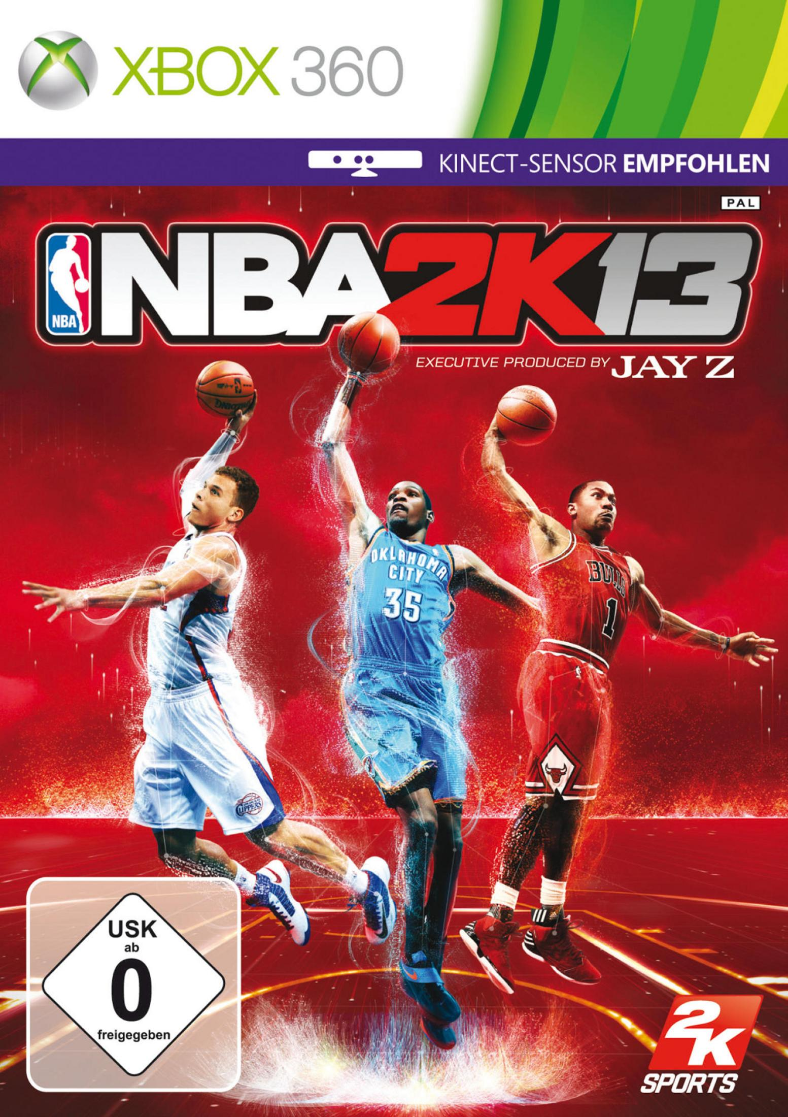 NBA 2K13 Cover: Drei Basketballspieler springen mit Bällen. Xbox 360 Logo.