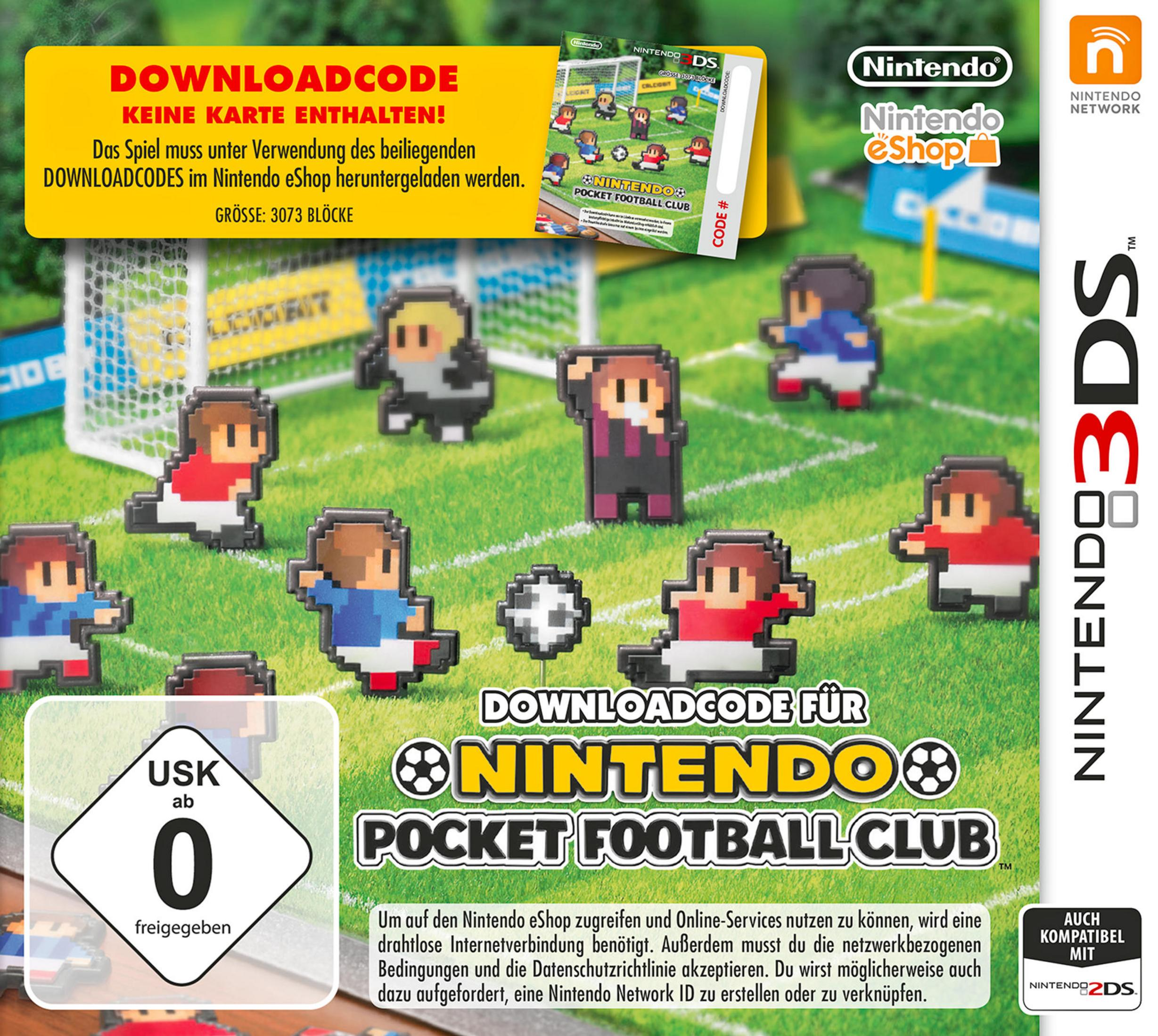 Pixelige Fußballspieler auf grünem Feld; Nintendo 3DS Downloadcode.