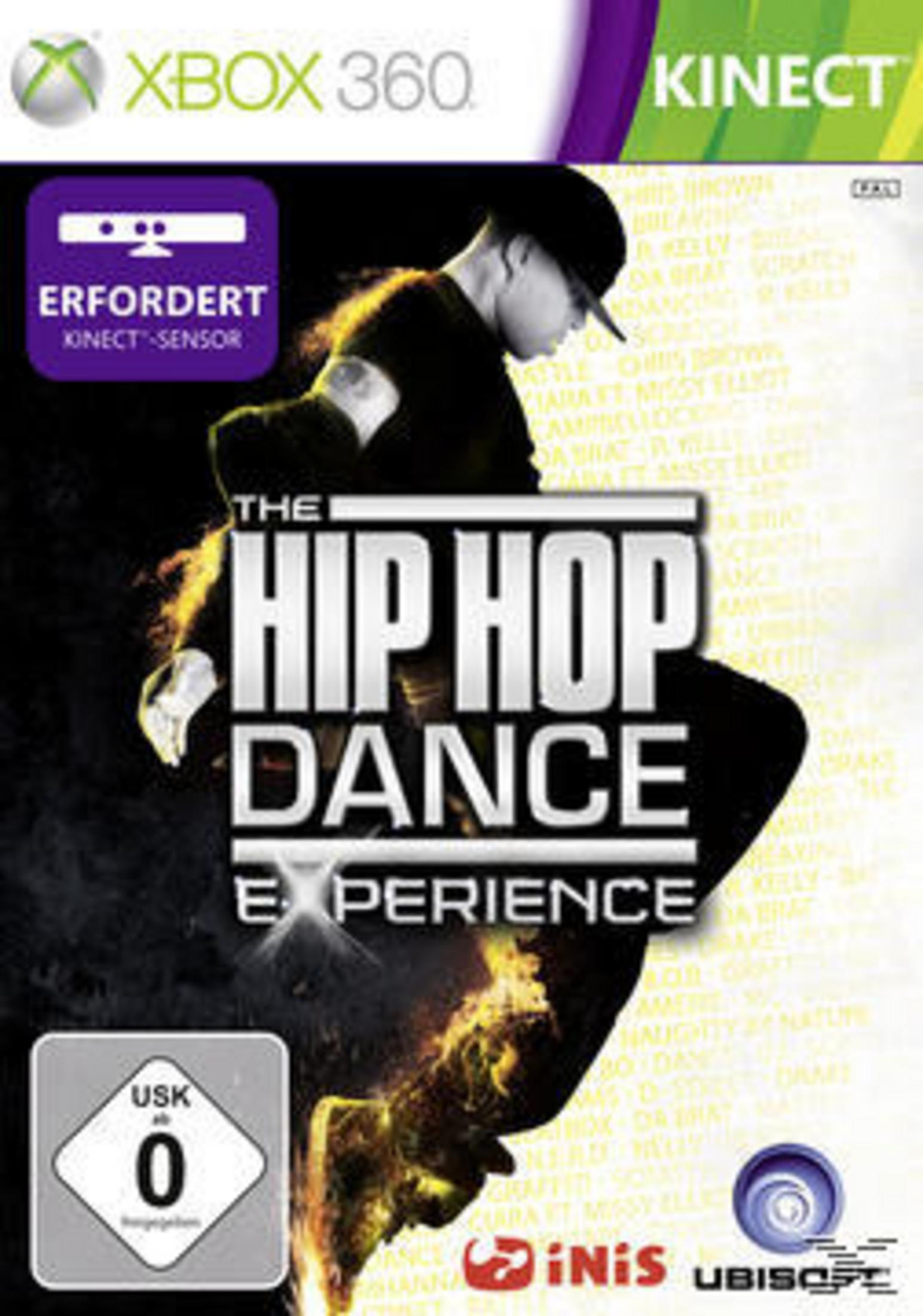 Xbox 360 Spielcover mit Tänzer und "The Hip Hop Dance Experience" Titel.