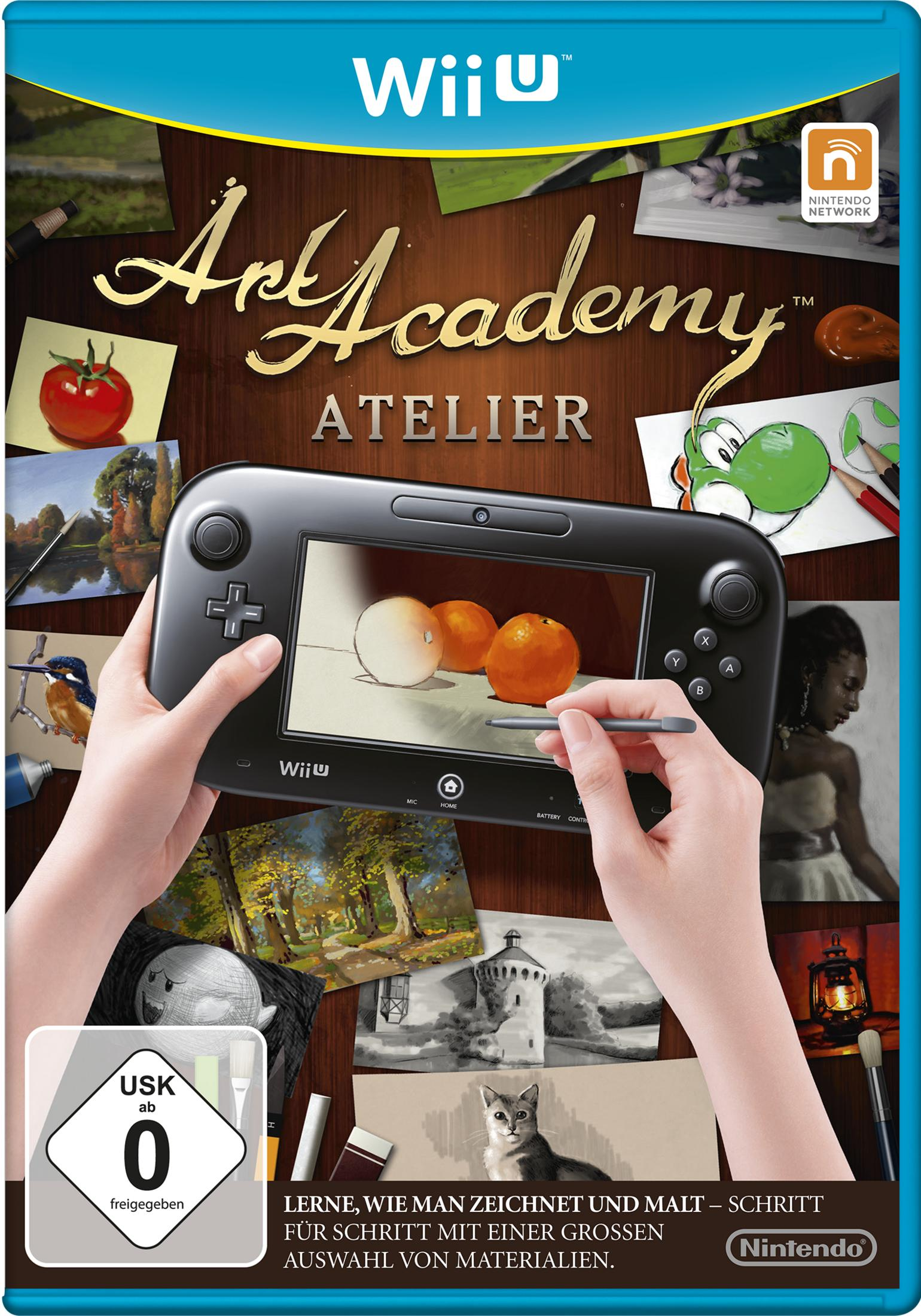 Wii U "Art Academy Atelier" Cover mit Händen, die den Controller halten und Malutensilien.