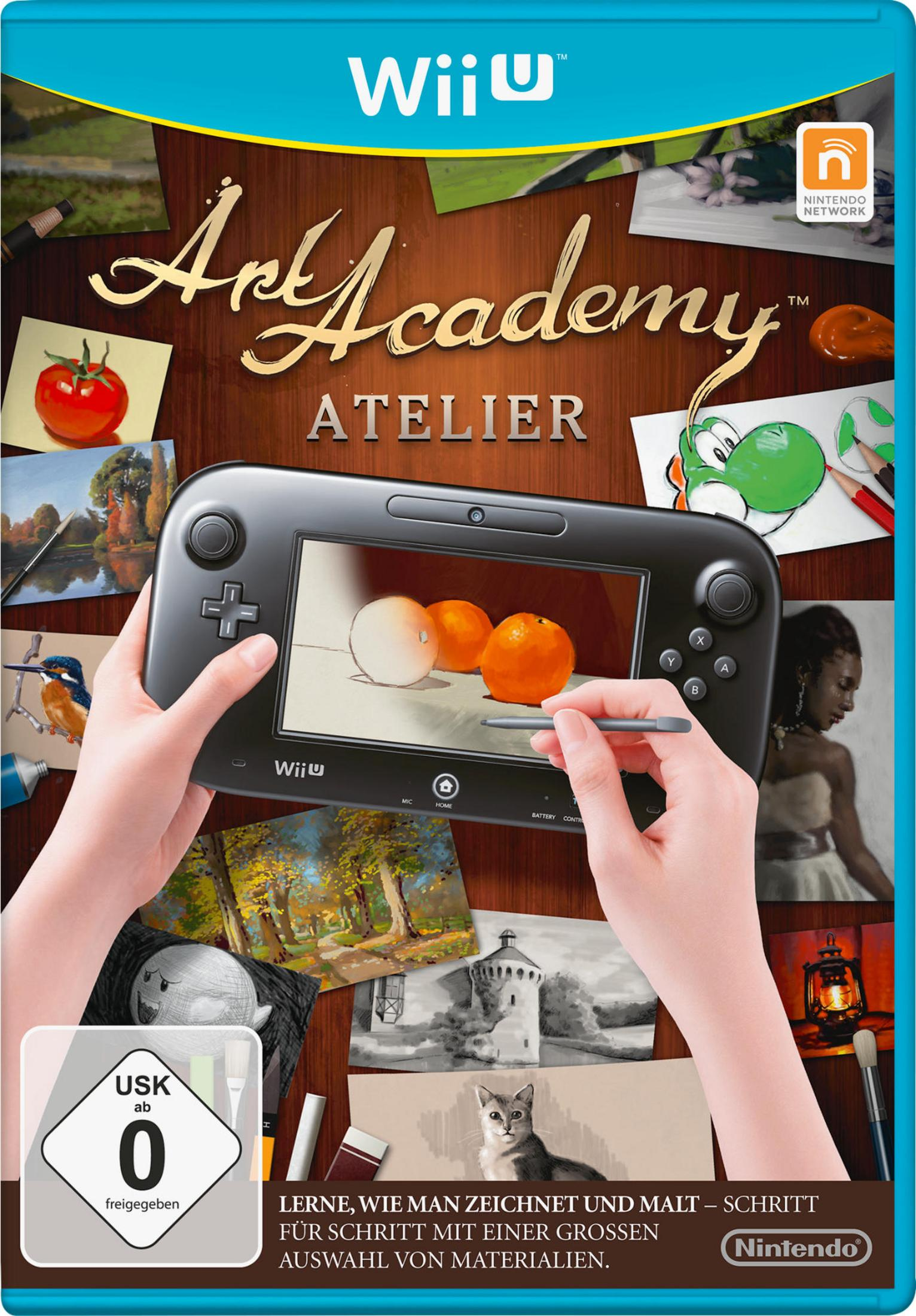 Das Cover von Art Academy Atelier für Wii U zeigt eine Hand, die das Gamepad hält. Daneben sind Kunstwerke.
