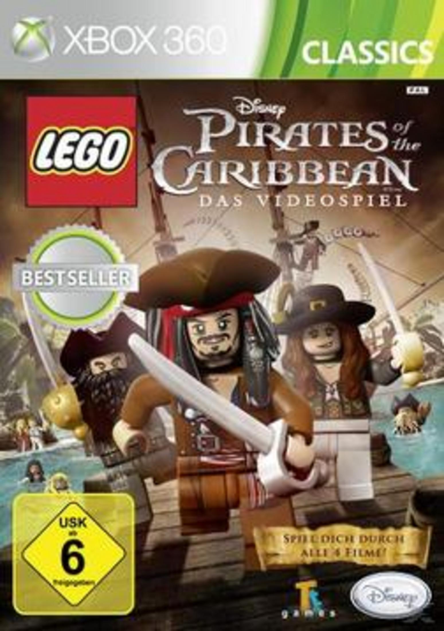 Lego Pirates of the Caribbean Xbox 360 Cover mit Jack Sparrow und Crew.
