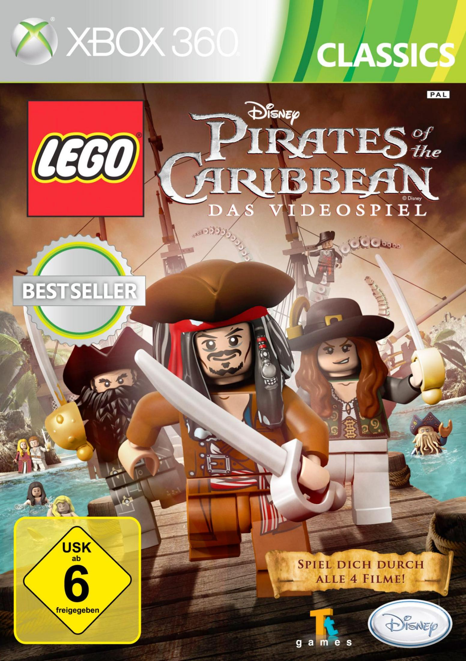 LEGO Pirates of the Caribbean Spielcover mit Lego-Piratenfiguren und Xbox 360 Logo.