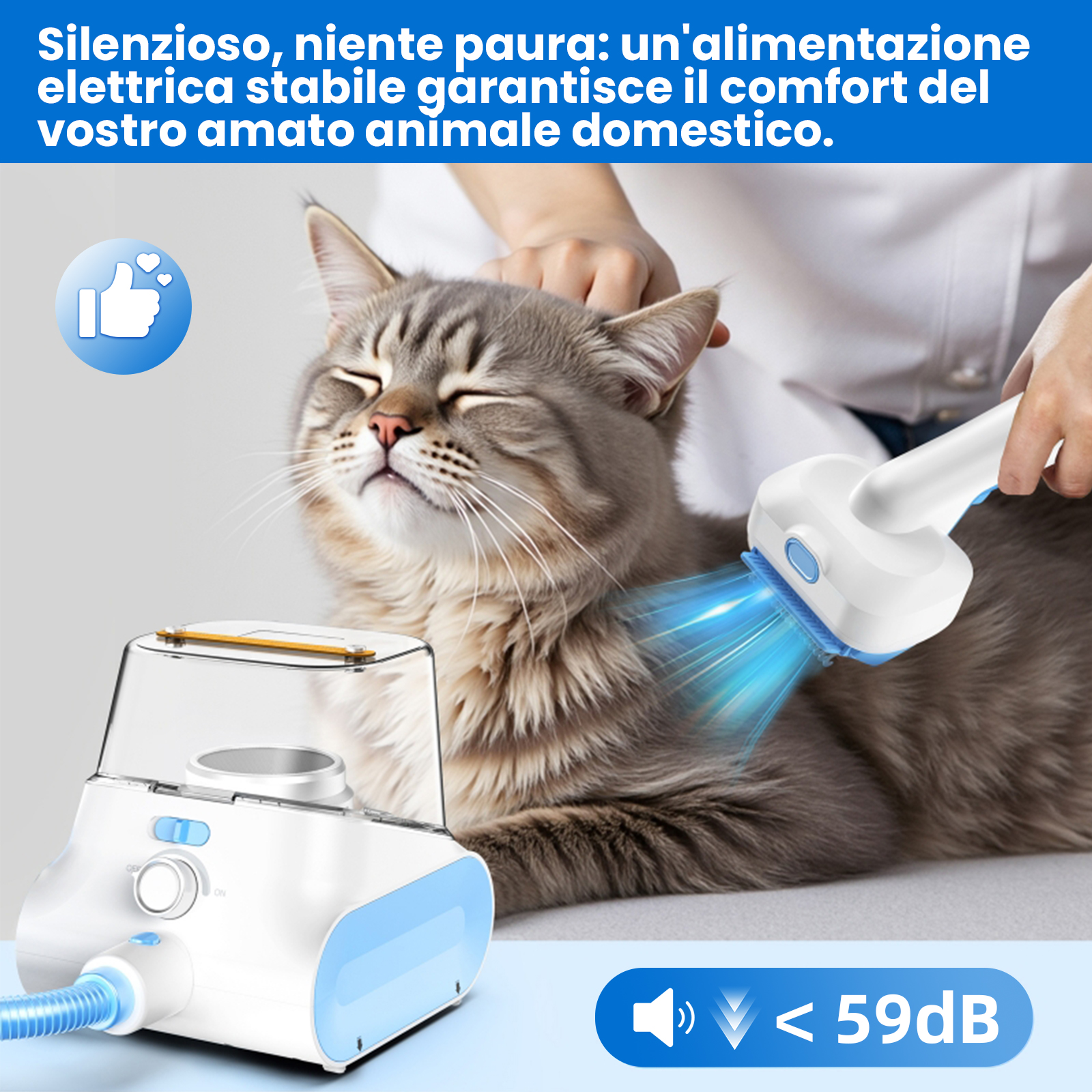 Una persona spazzola un gatto con un dispositivo che soffia aria. Un dispositivo con tubo è vicino.