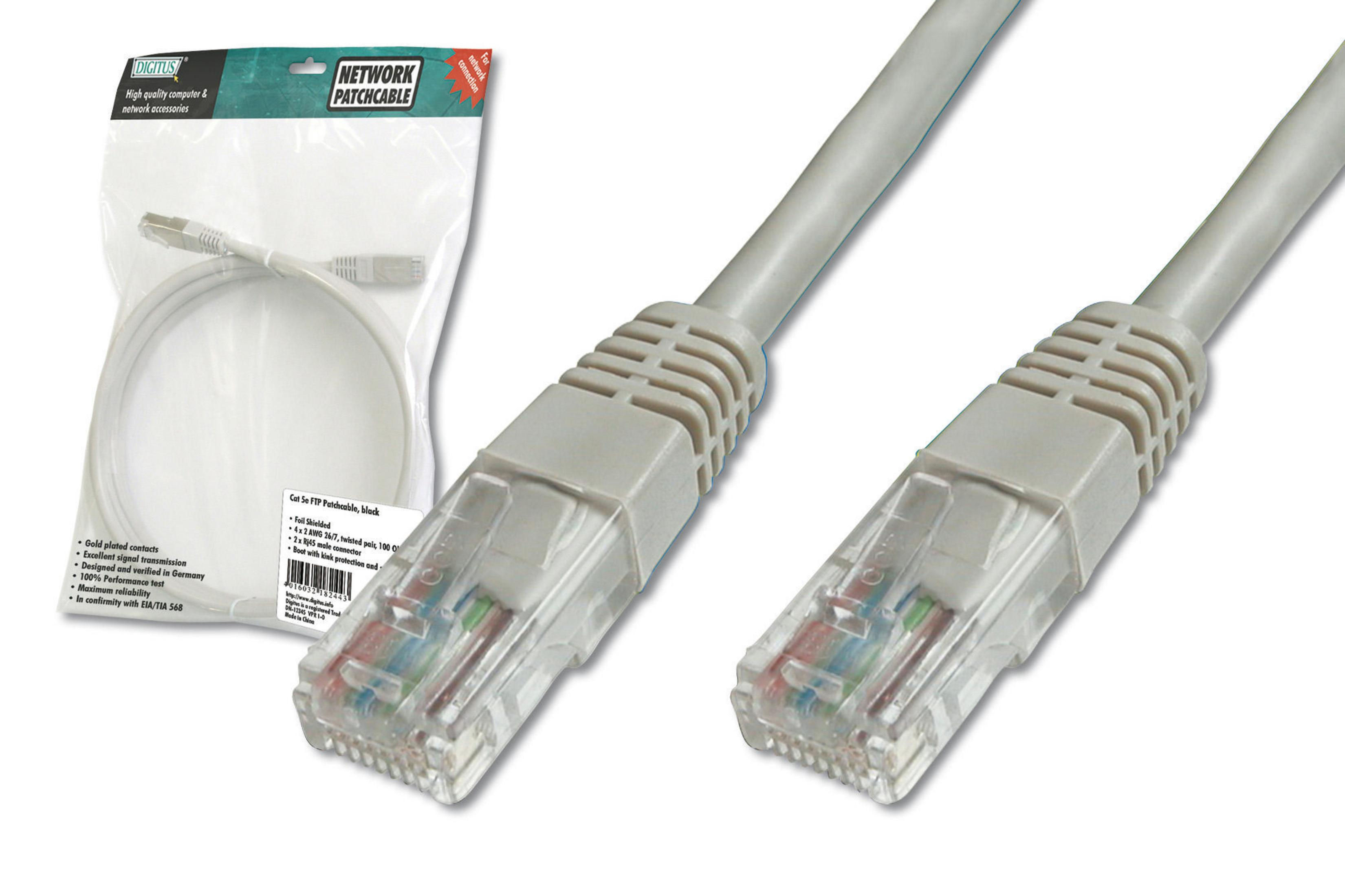 Two gray network cables with RJ45 connectors lie on a white background.