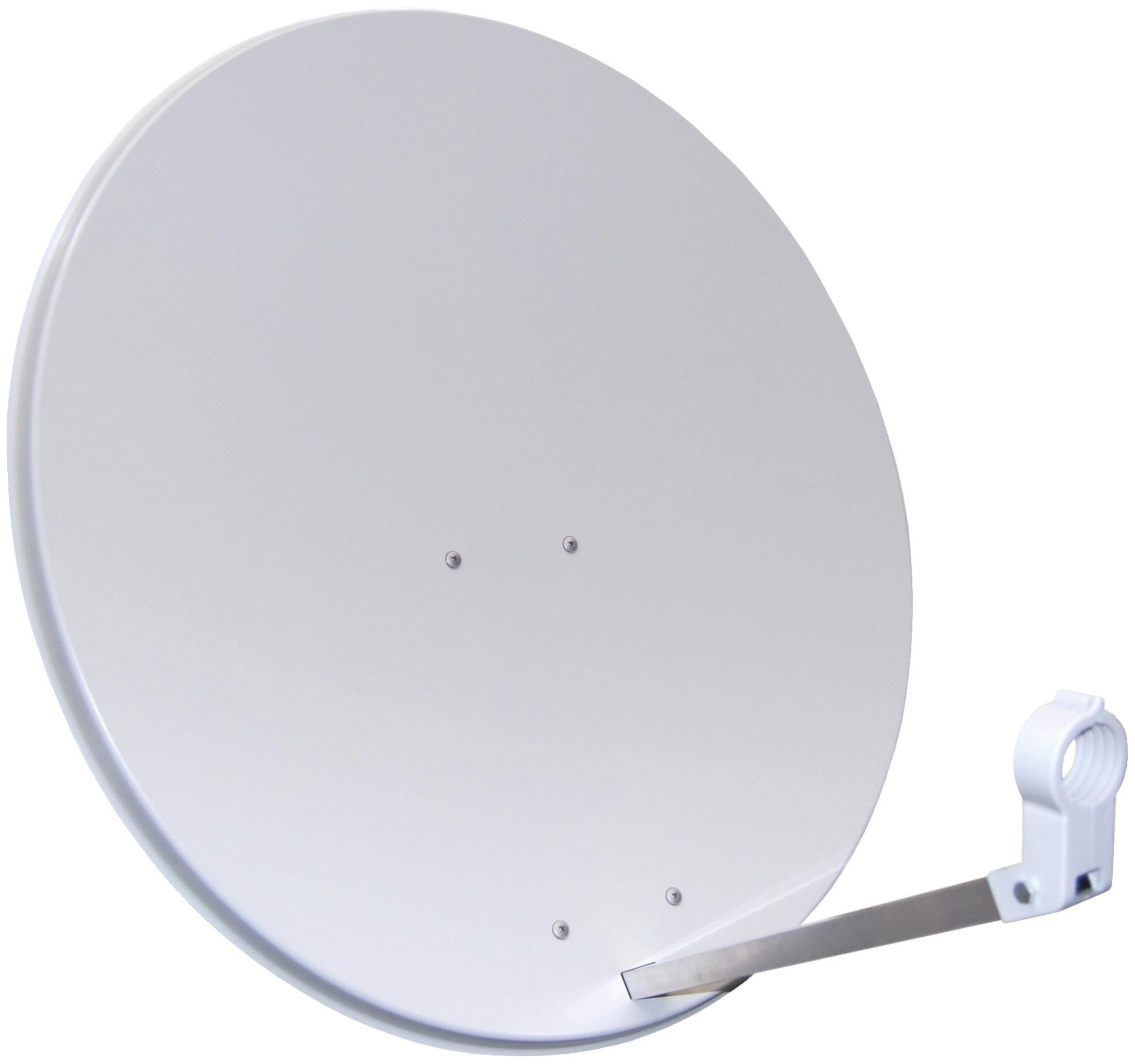 Eine weiße Satellitenschüssel mit Arm und Halterung auf weißem Hintergrund.