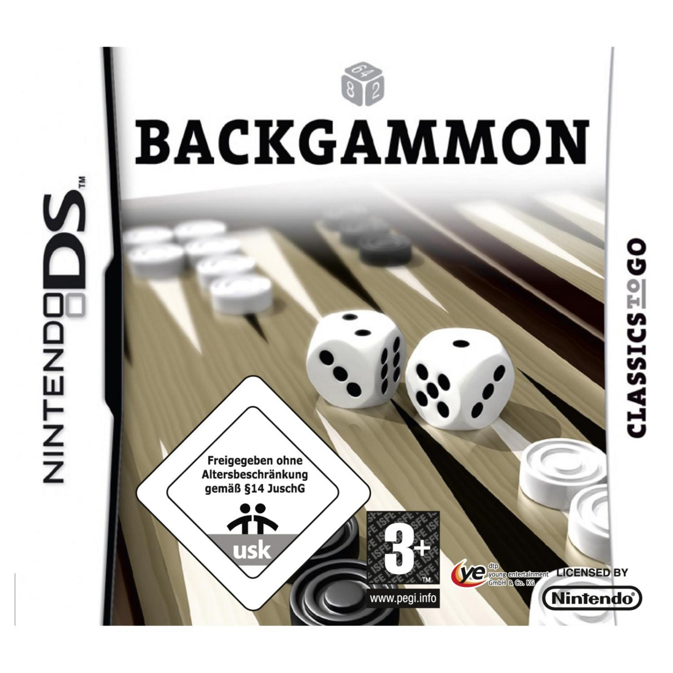 Backgammon Spielcover für Nintendo DS mit Würfeln und Spielsteinen.
