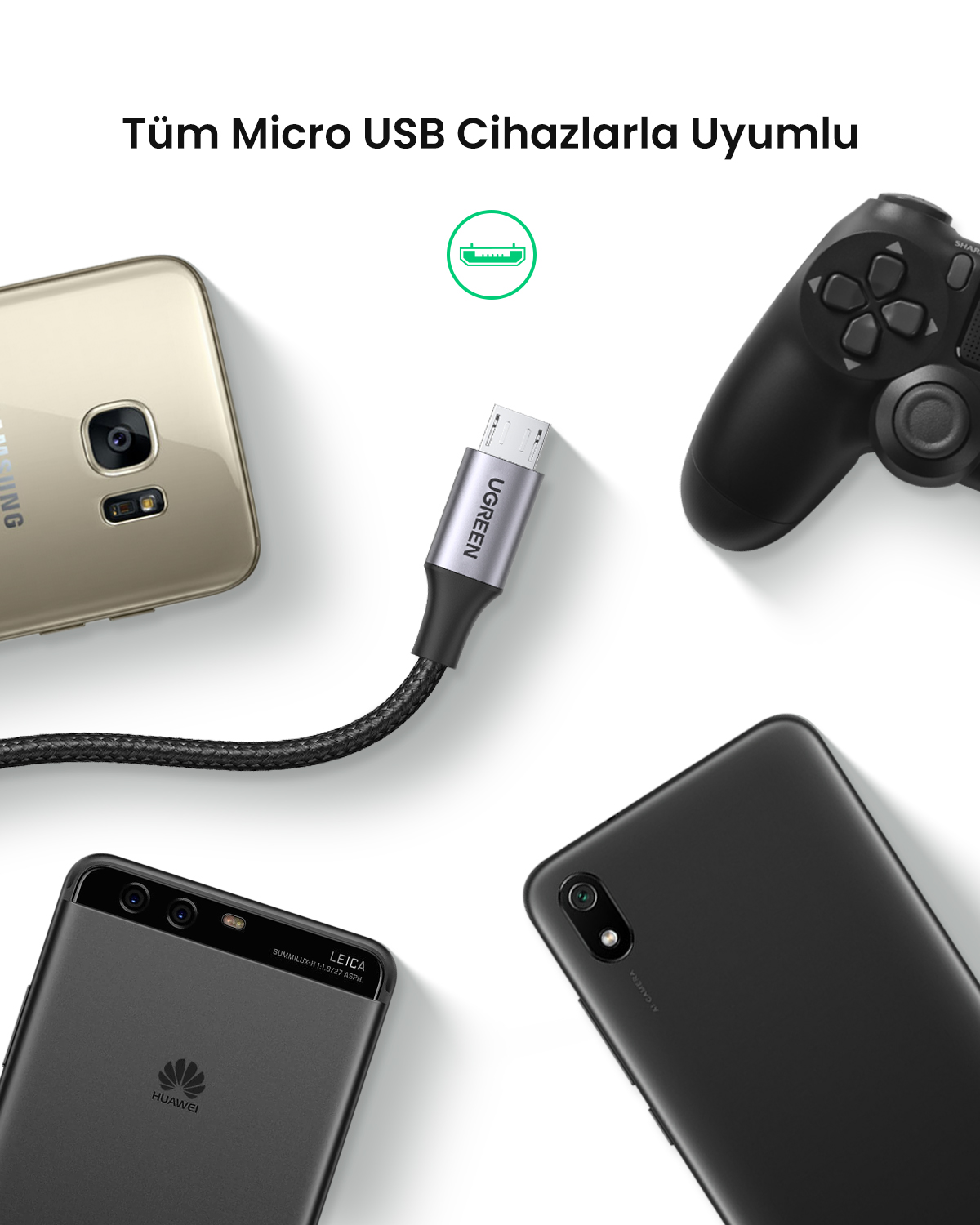 Kabel USB łączy smartfon, kontroler do gier i kolejny smartfon.