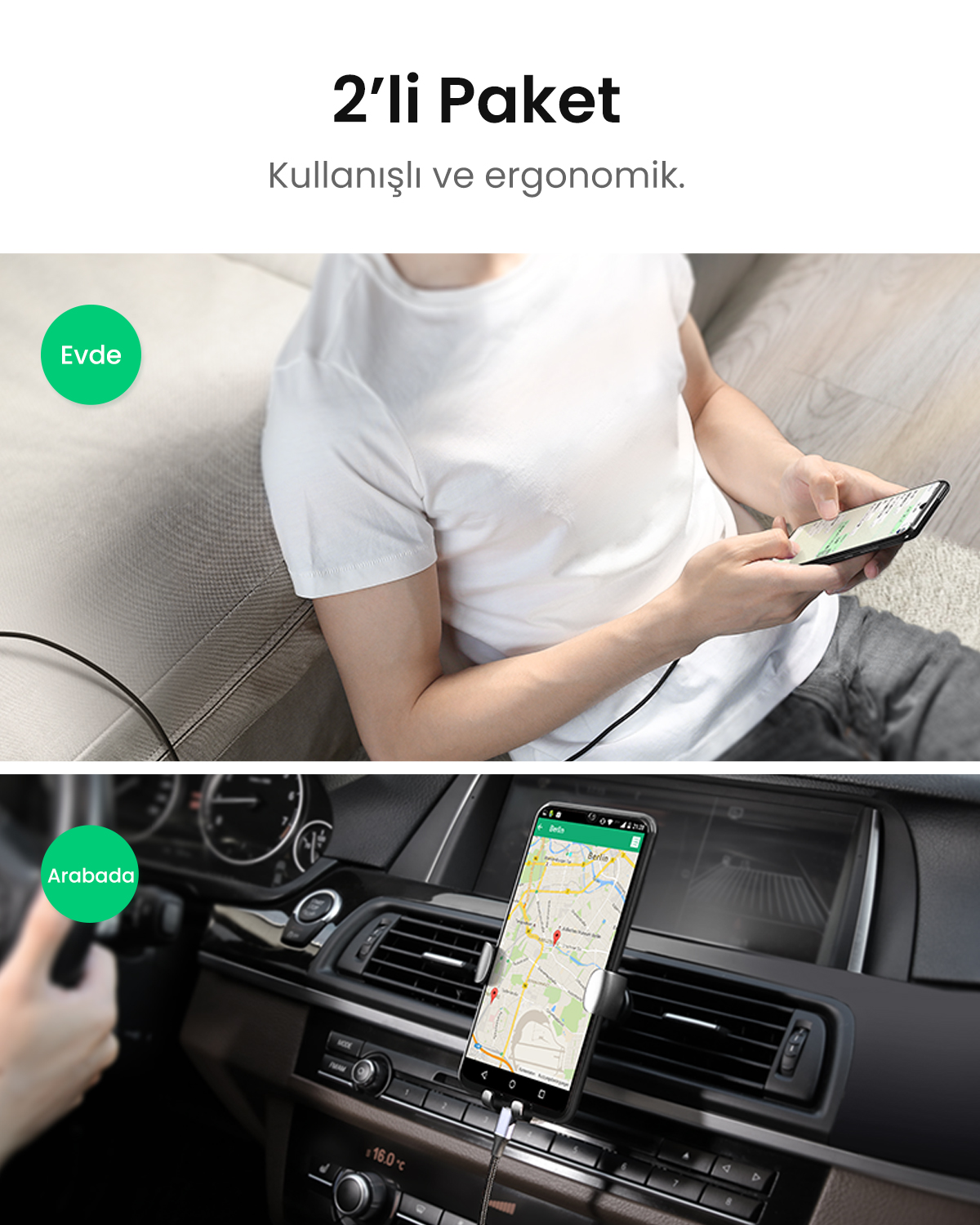 Mężczyzna w białej koszulce używa telefonu w domu; telefon zamontowany w samochodzie na desce rozdzielczej.