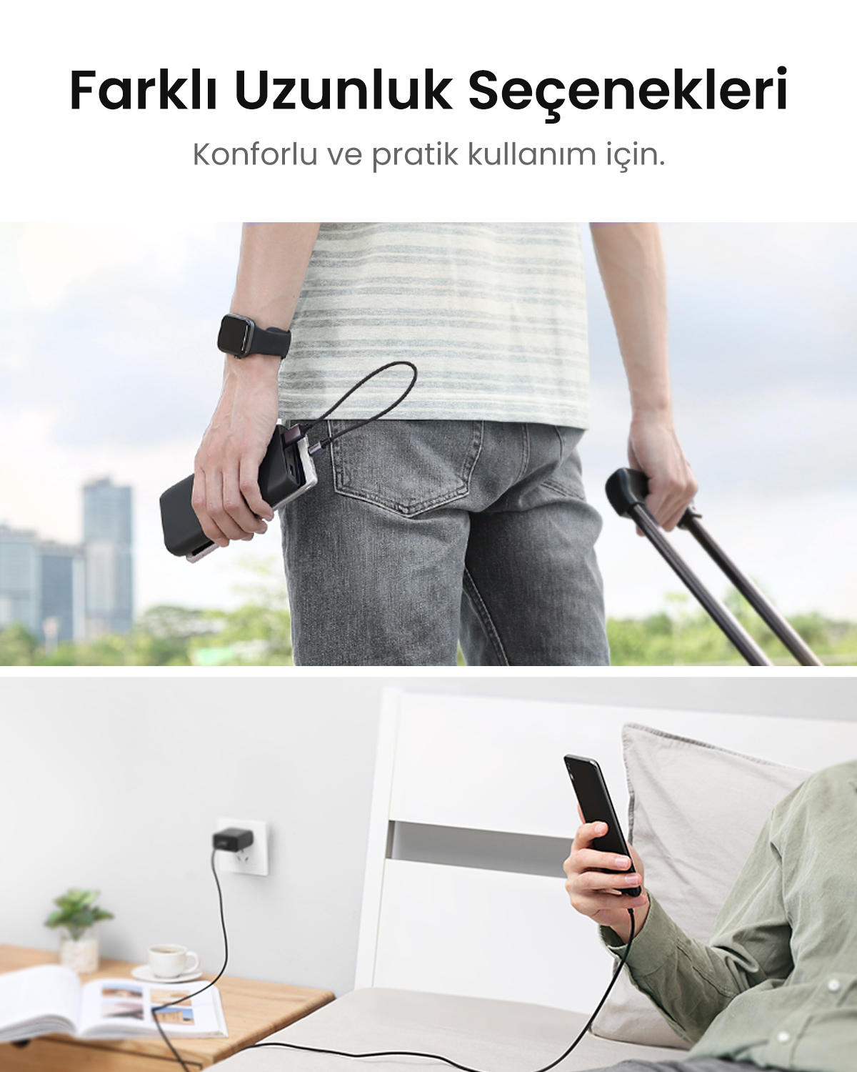 Mężczyzna z powerbankiem i walizką; mężczyzna ładuje telefon w łóżku z adapterem.