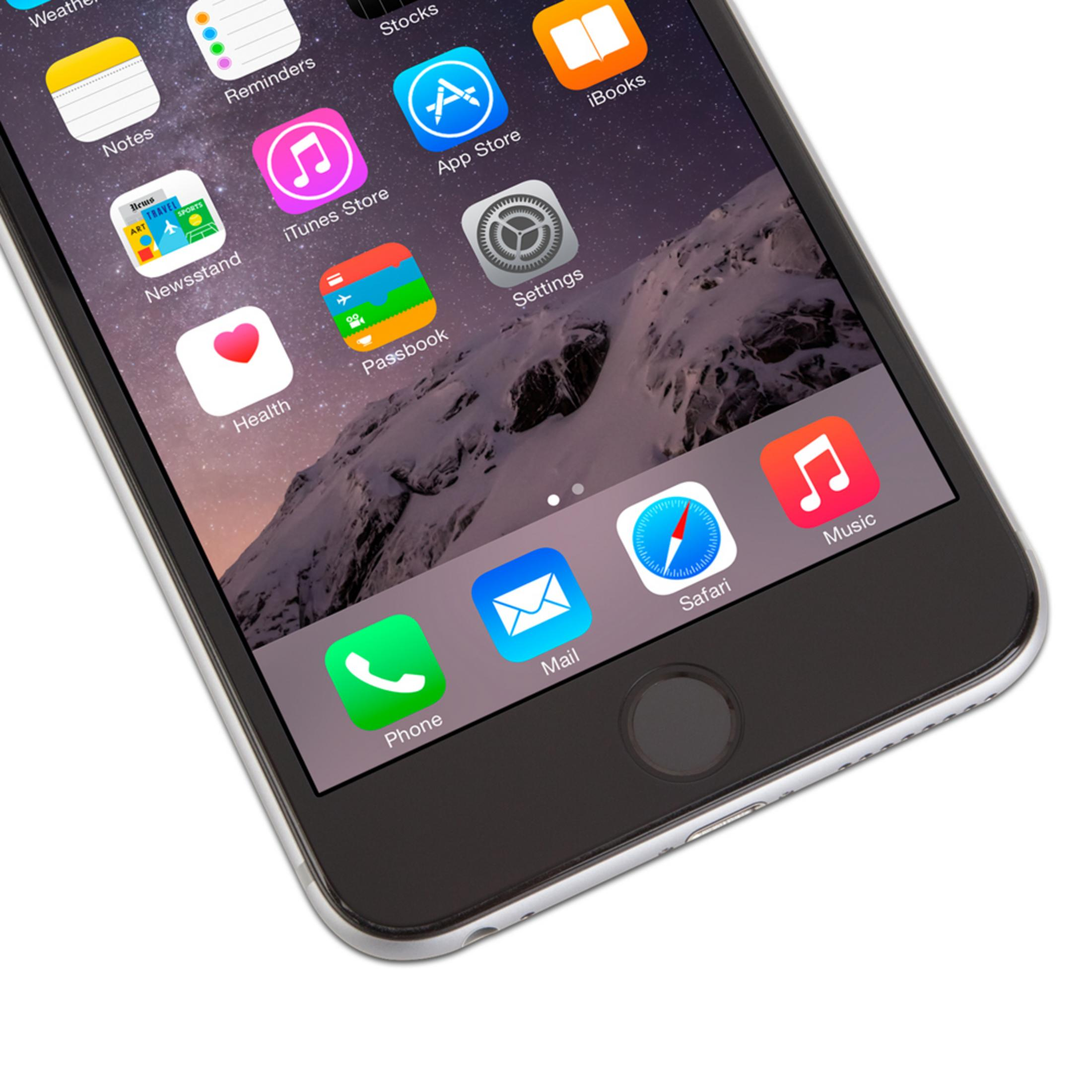 Primo piano dello schermo dell'iPhone che mostra icone di app su uno sfondo di montagna.