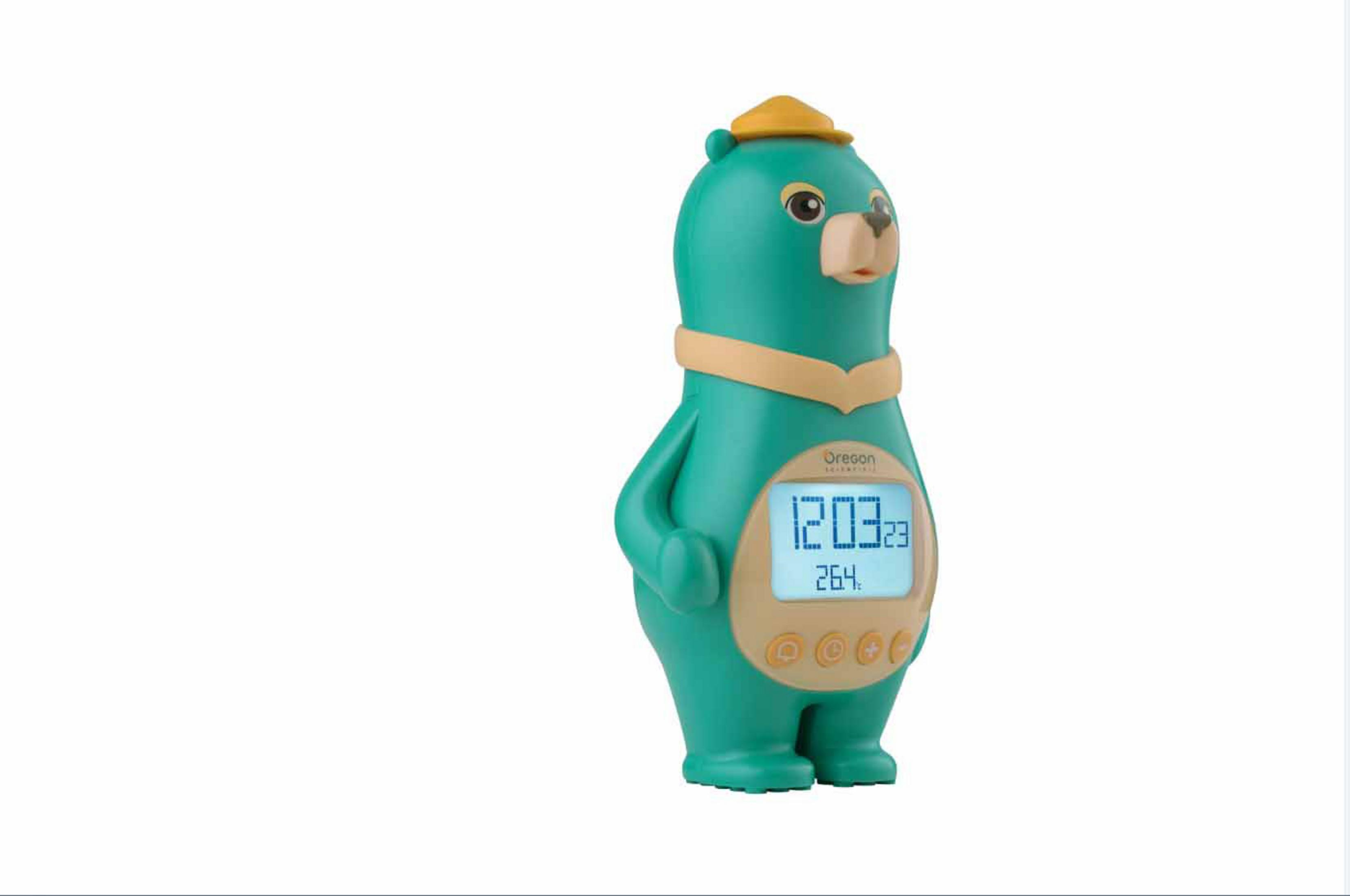 Grüner Bär mit Hut und digitaler Anzeige auf dem Bauch.