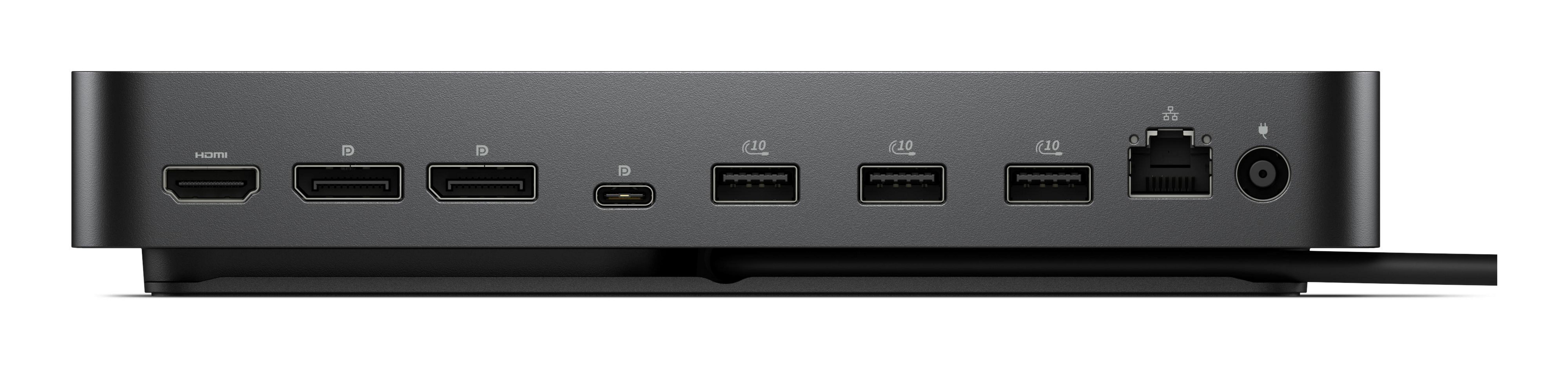 Schwarzer Docking-Anschluss mit HDMI, USB-C, USB-A, Ethernet und Stromanschluss.