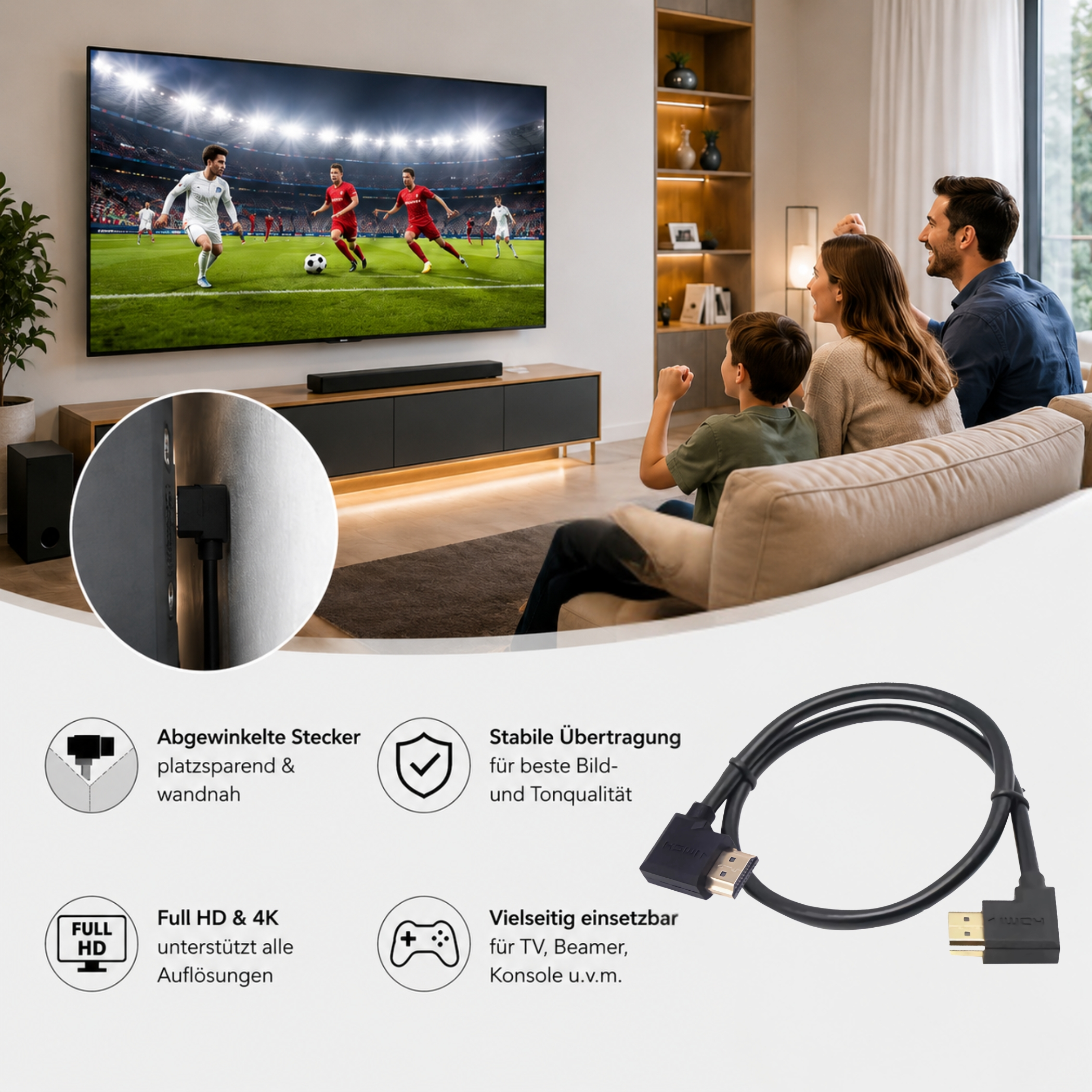 Familie schaut Fußball auf einem großen Fernseher, daneben ein HDMI-Kabel.