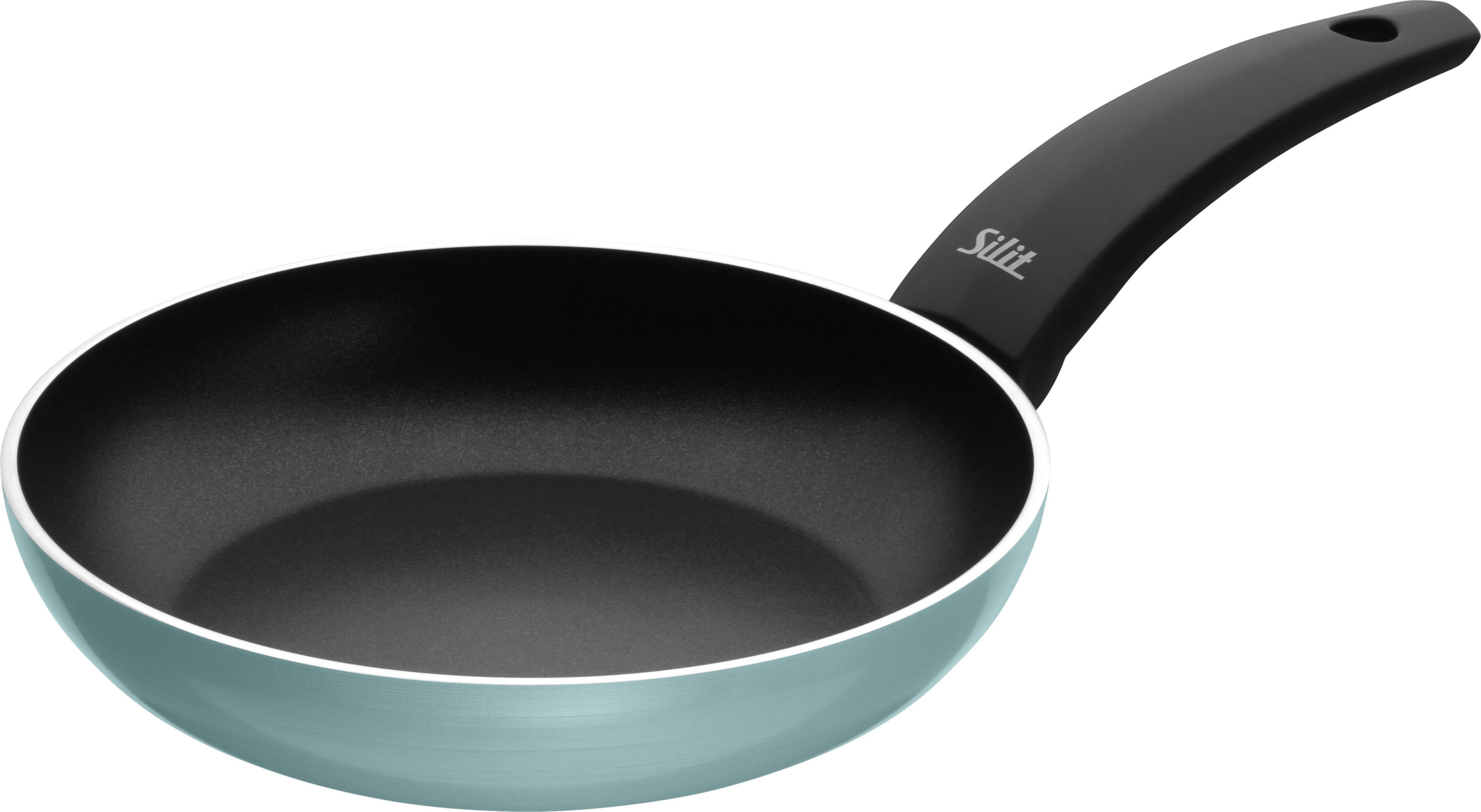 Eine hellblaue Bratpfanne mit schwarzem Griff und schwarzer Innenseite.