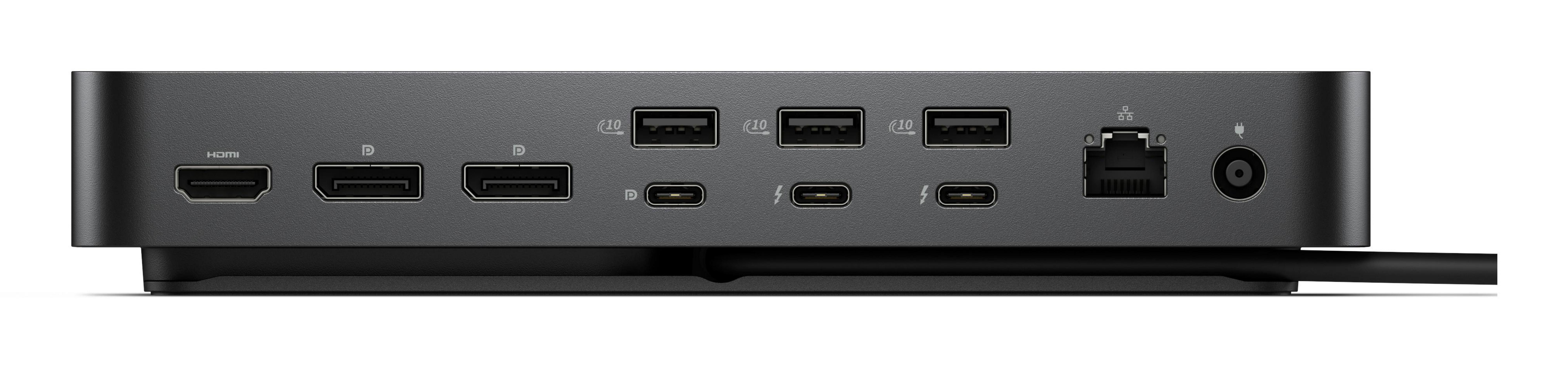 Docking station grigia con porte HDMI, USB-A, USB-C, LAN e di alimentazione.