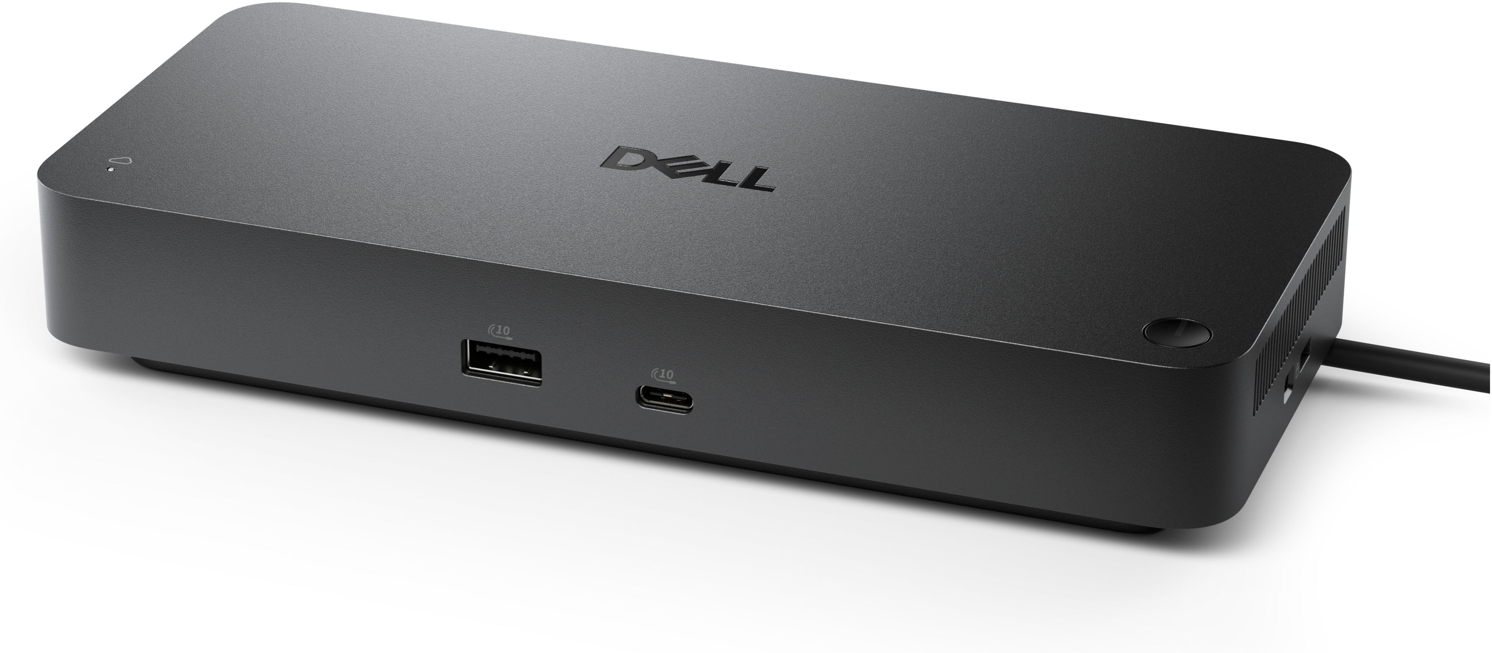 Docking station Dell nera con USB-A, USB-C e cavo di alimentazione.