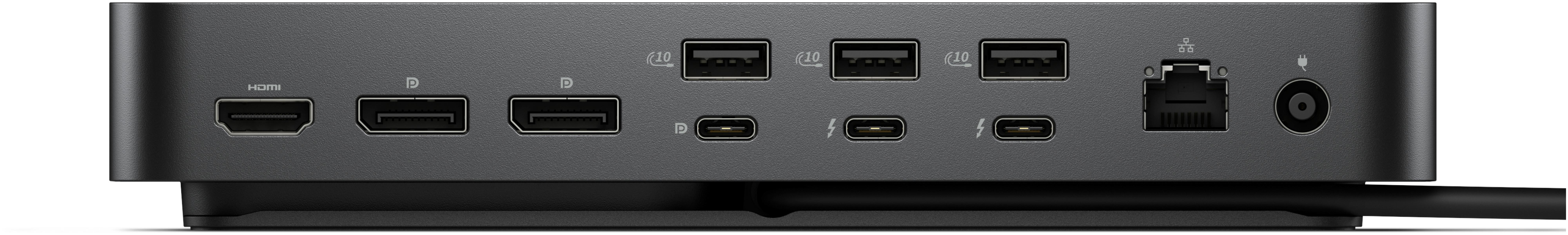 Retro di una docking station grigio scuro con porte HDMI, USB-A, USB-C, Ethernet e alimentazione.
