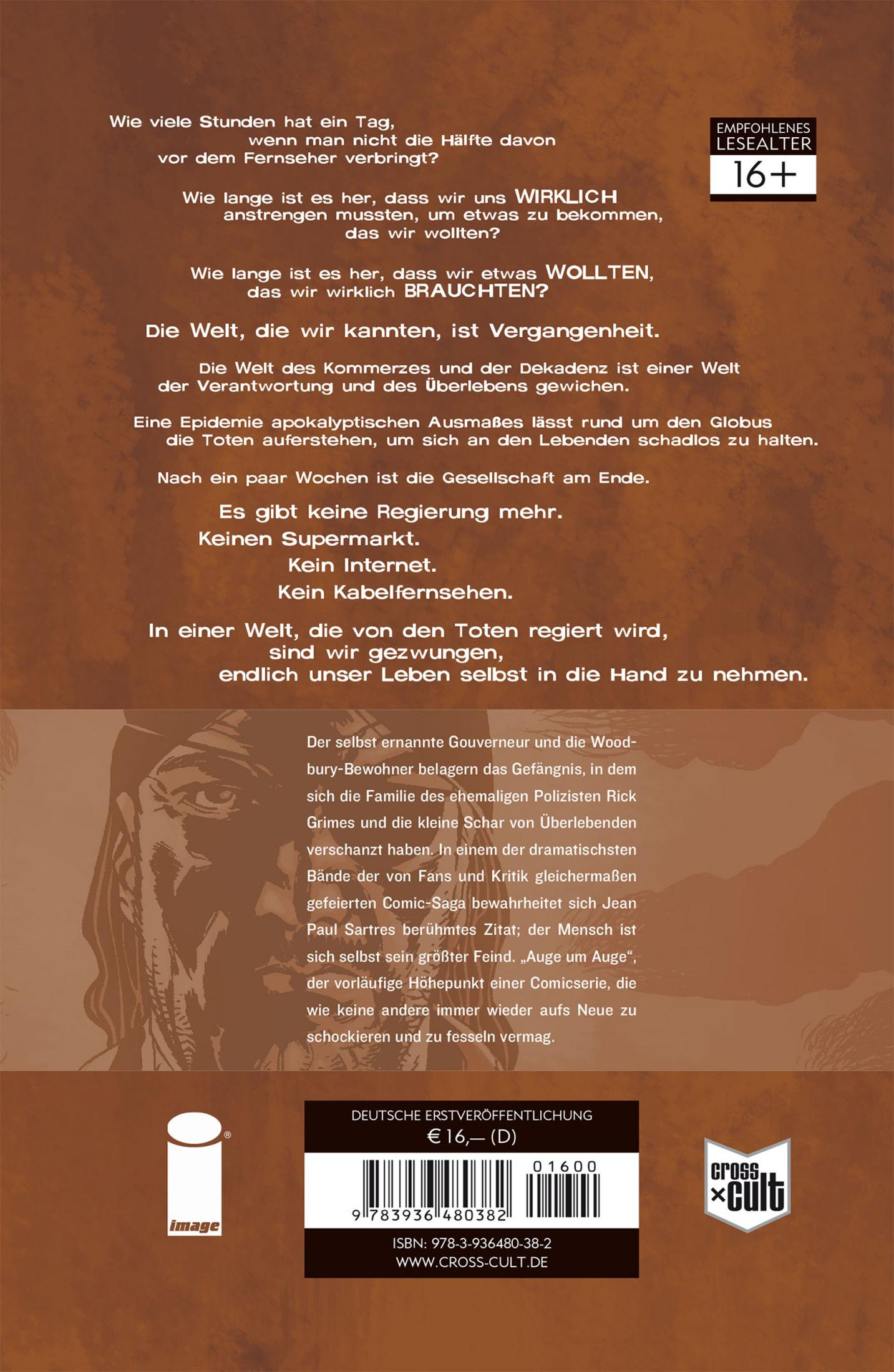 Dos d'une bande dessinée avec texte sur une apocalypse zombie et recommandation 16+.
