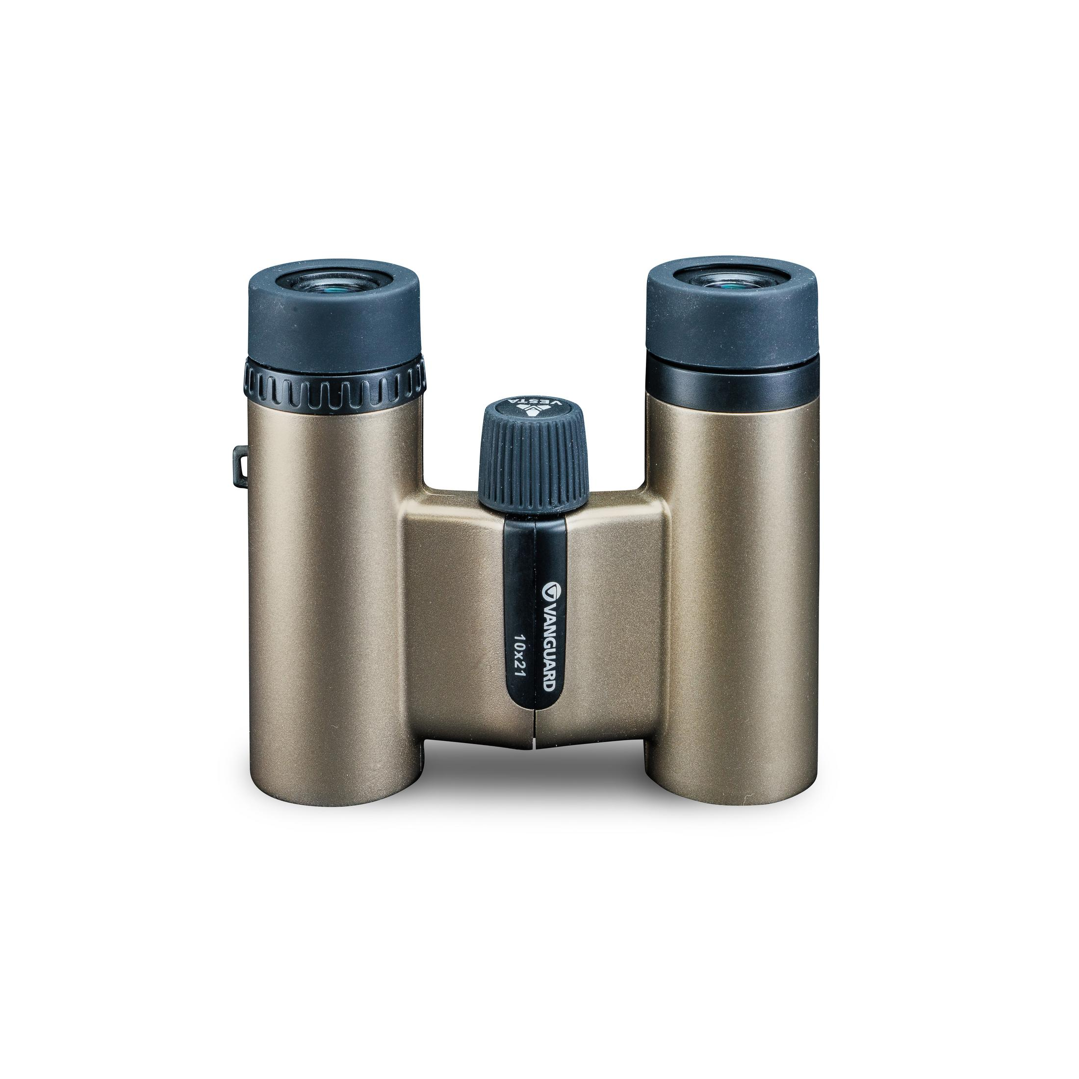 Unos binoculares Vanguard de 10x21 de color bronce se muestran en primer plano.