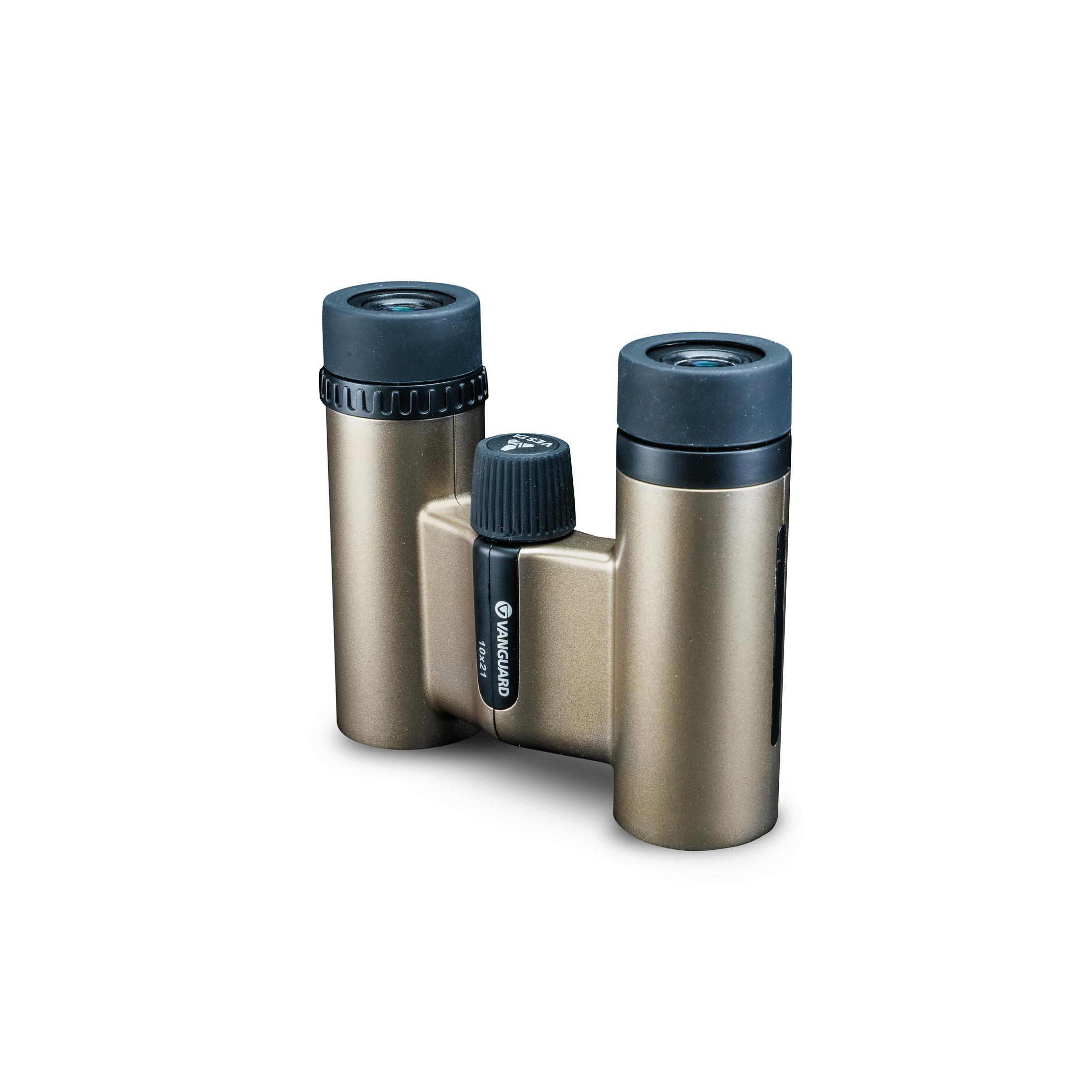 Unos binoculares Vanguard 10x21 color bronce con rueda de enfoque negra.