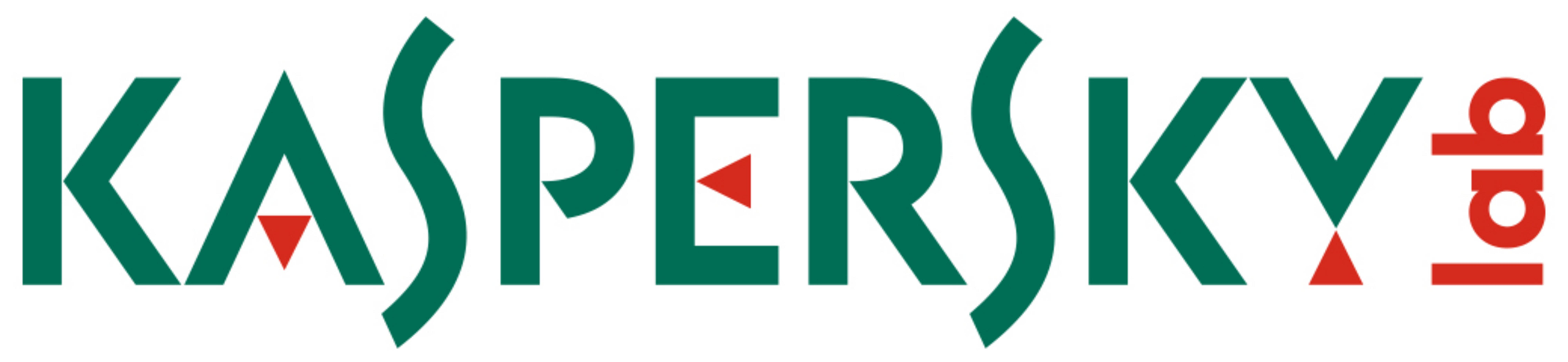 Logo Kaspersky Lab: Testo verde con triangoli rossi e un cerchio rosso.