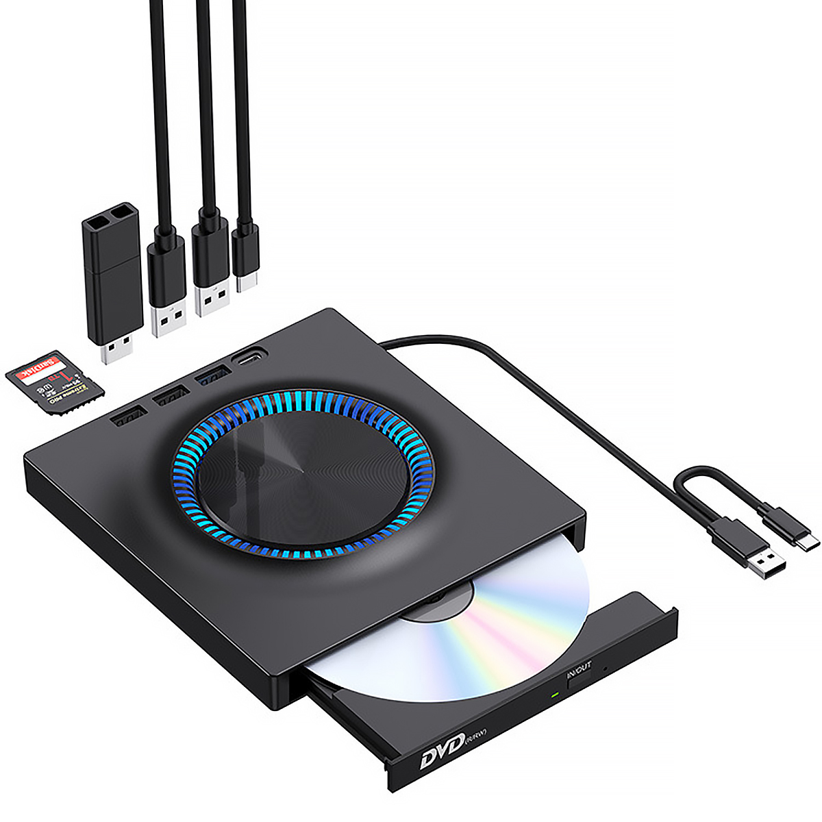 Masterizzatore DVD esterno nero con anello LED blu, cavi USB, scheda SD e adattatore USB.