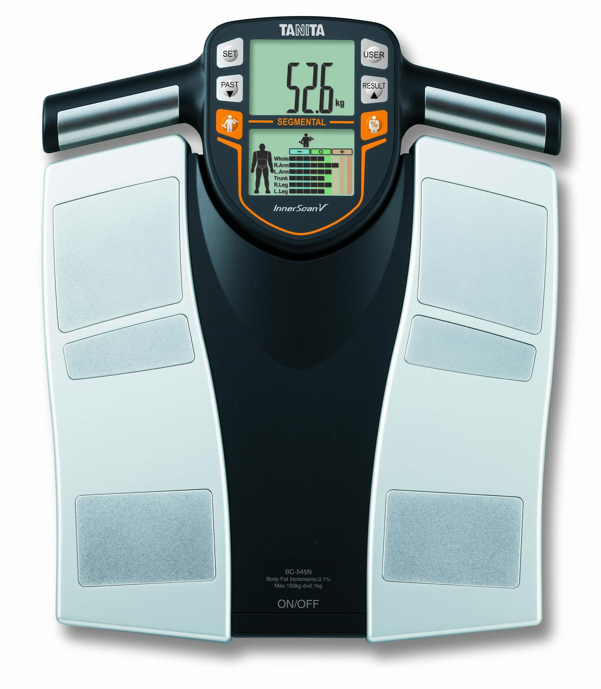 A black and white Tanita body composition scale with silver accents.
