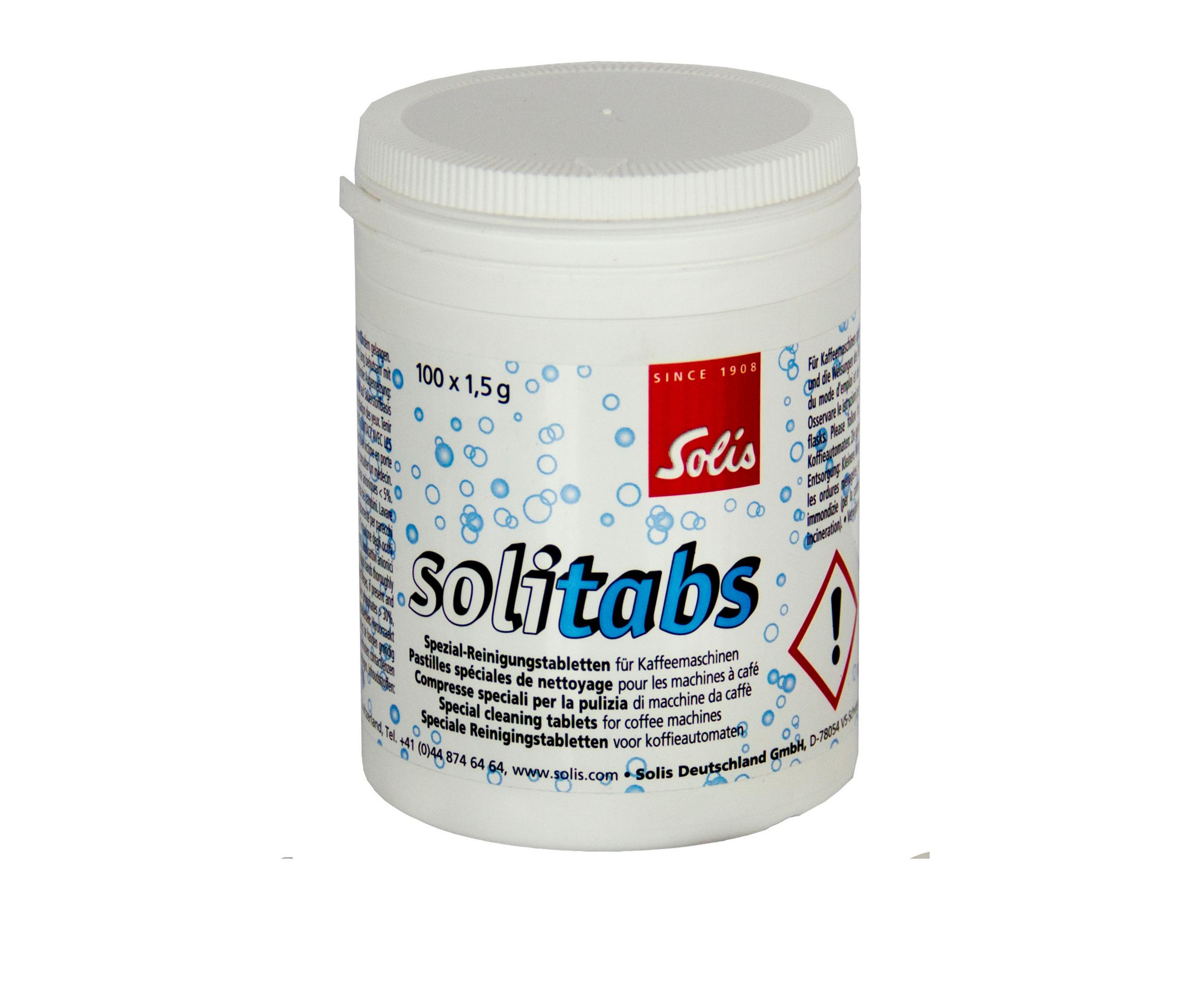 Ein weißer Behälter mit Solitabs-Reinigungstabletten für Kaffeemaschinen.