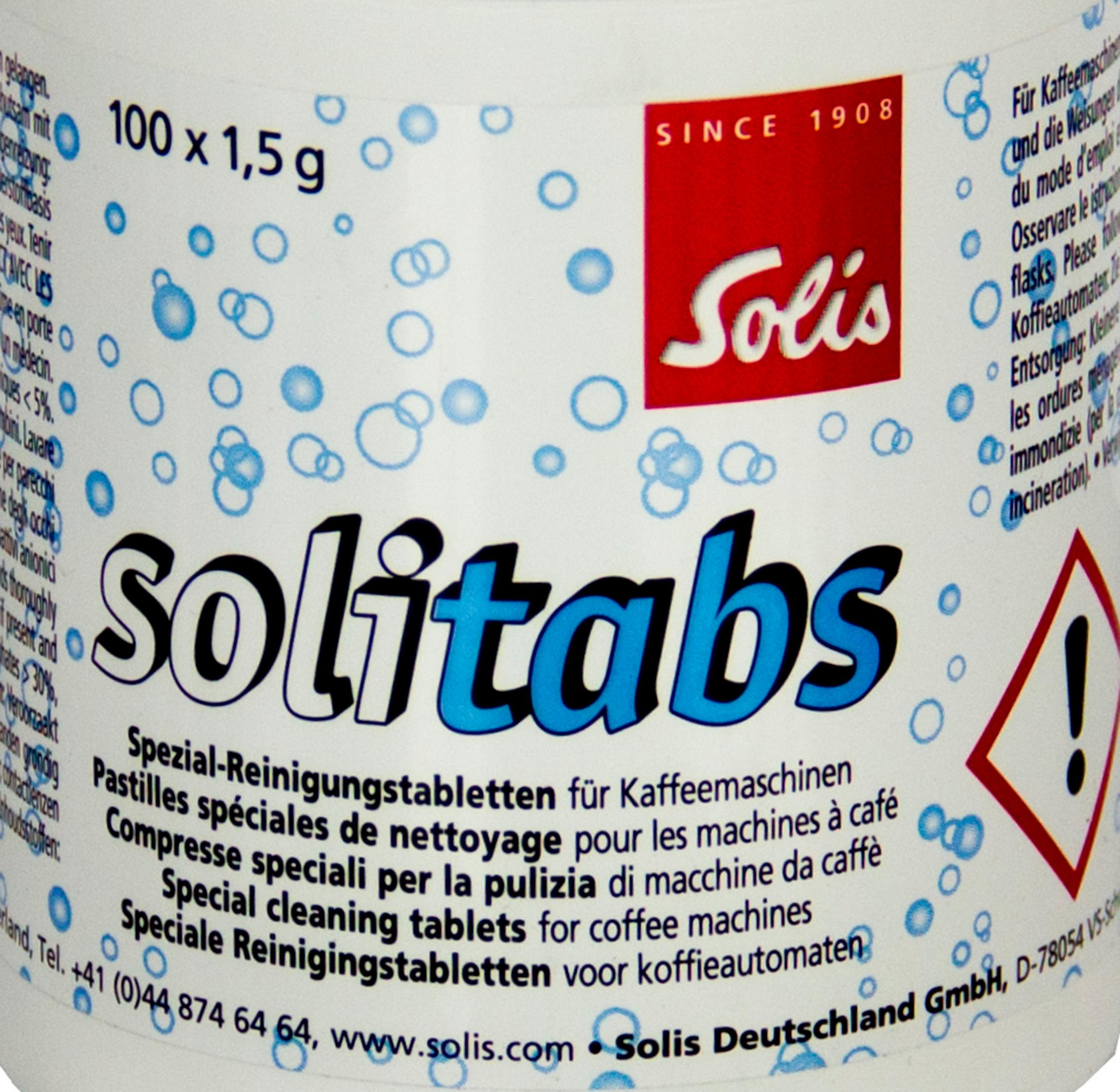 Solis special cleaning tablets for coffee machines, 100x1.5g container with instructions.