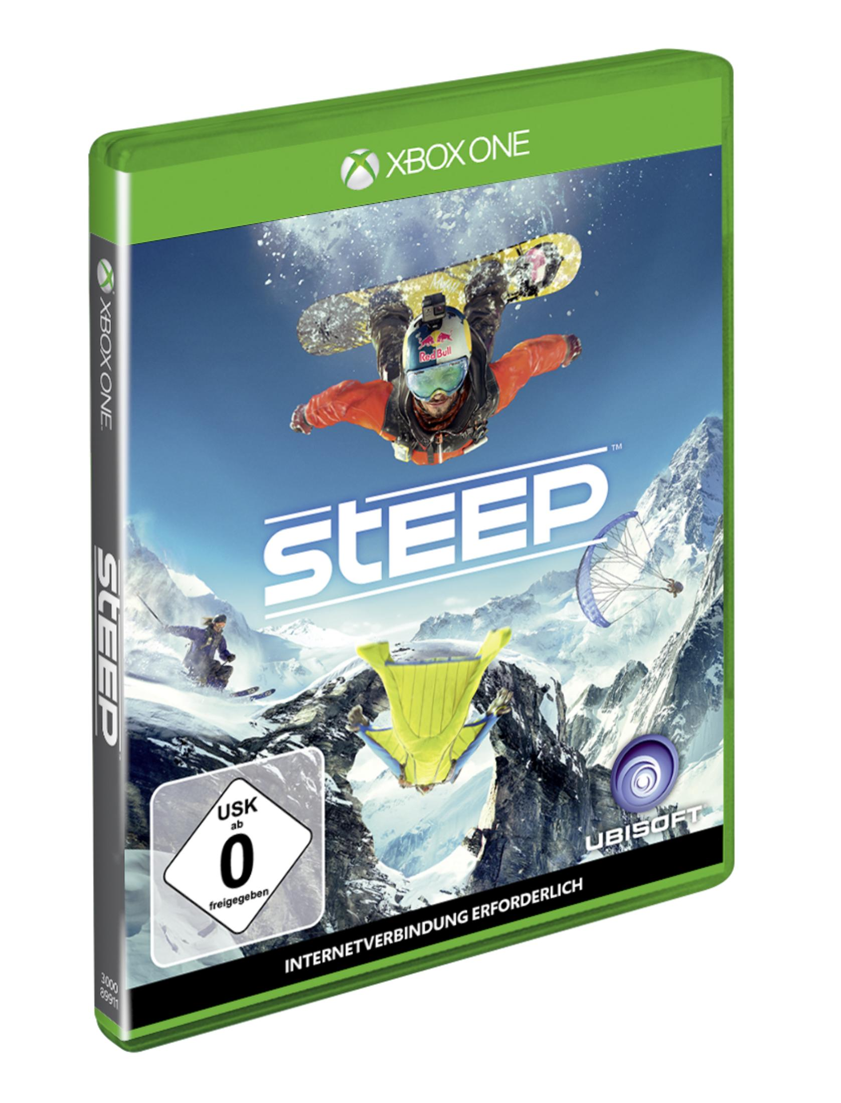 Xbox One Spielcover 'Steep' mit Snowboarder, Wingsuit-Flieger und Paraglider in den Bergen.
