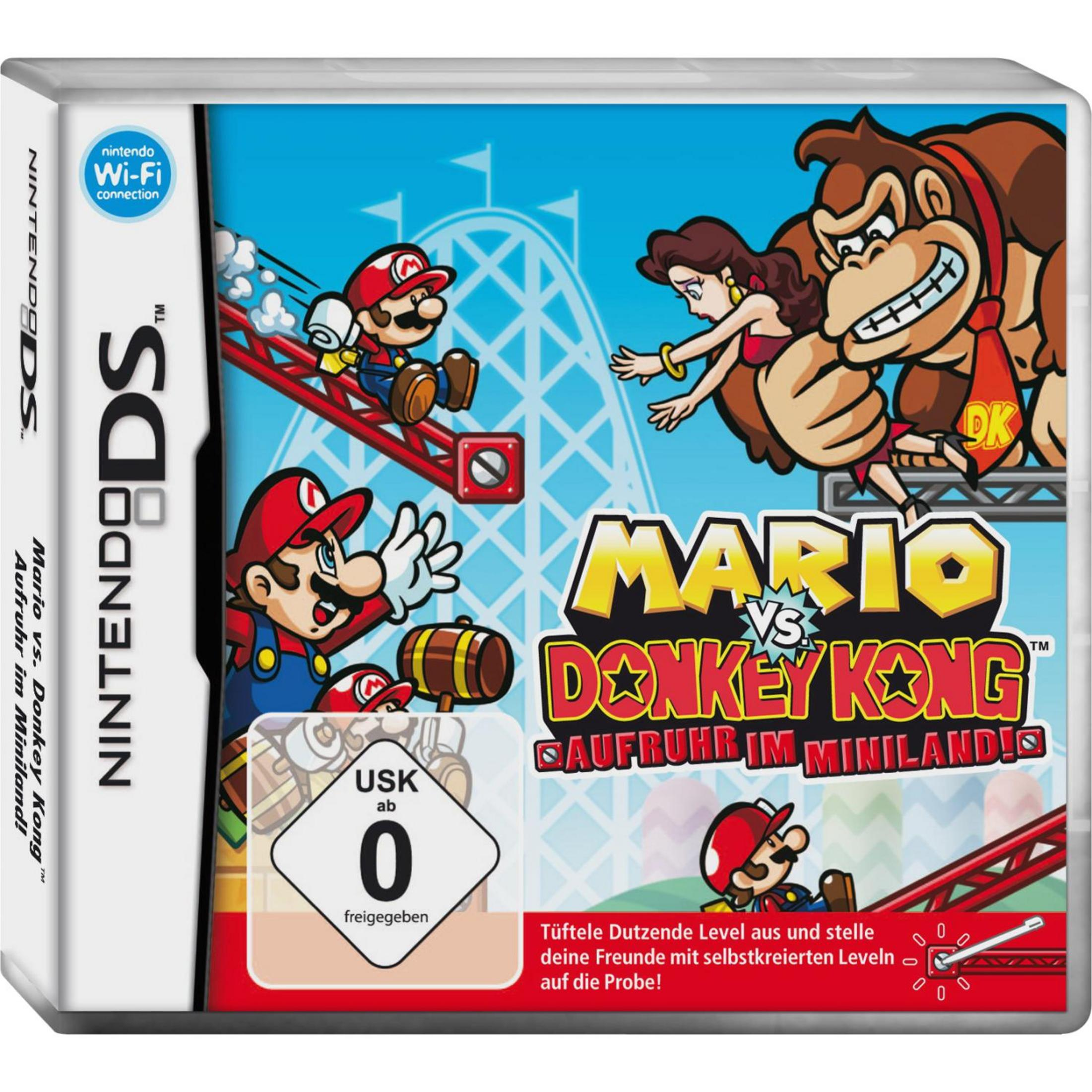 Mario vs Donkey Kong: Mario und Pauline auf einer Achterbahn, Donkey Kong im Hintergrund.