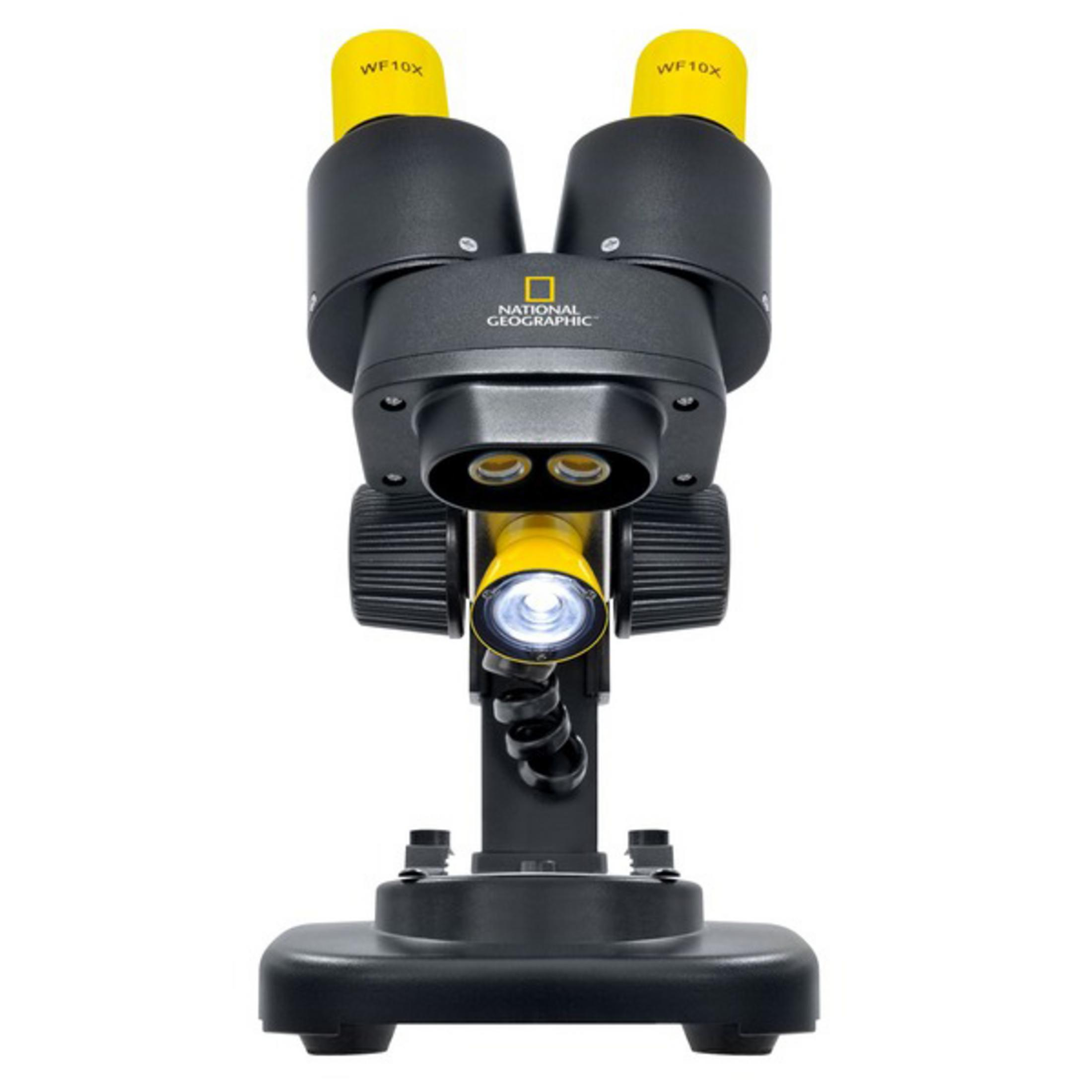 Ein schwarzes National Geographic Mikroskop mit gelben Okularen und LED-Licht.