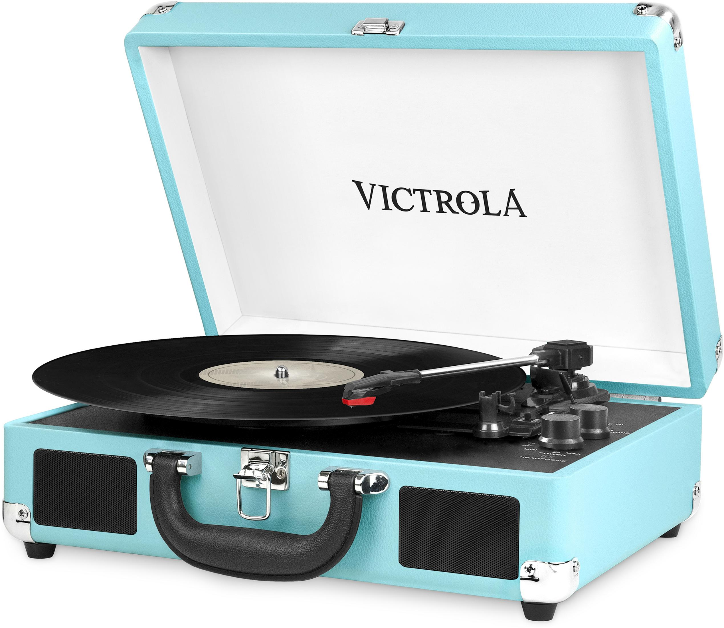 Un giradischi azzurro con coperchio aperto, che riproduce un disco in vinile.