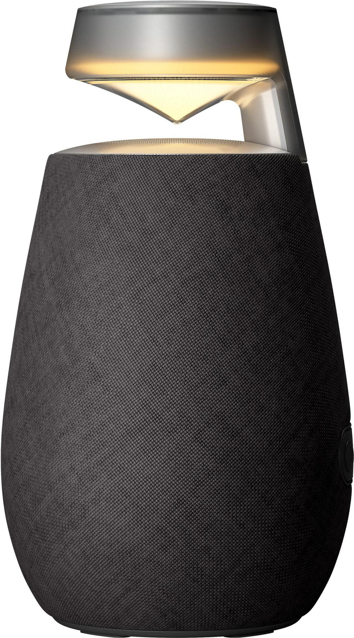 Uno speaker nero a forma di goccia con una parte superiore metallica illuminata.