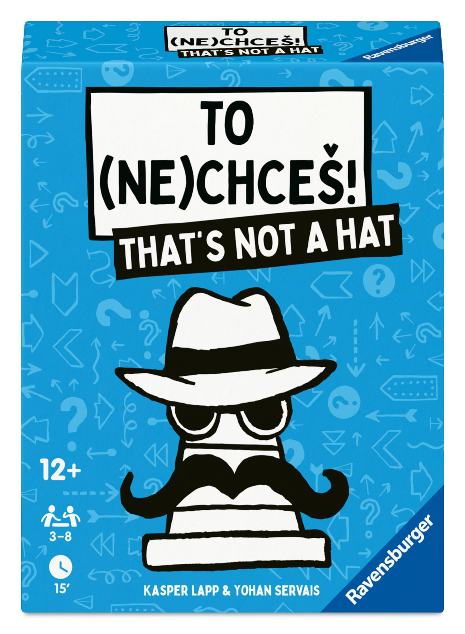 Spielverpackung mit Hut, Schnurrbart, Brille und Text. Hintergrund ist blau mit Symbolen.