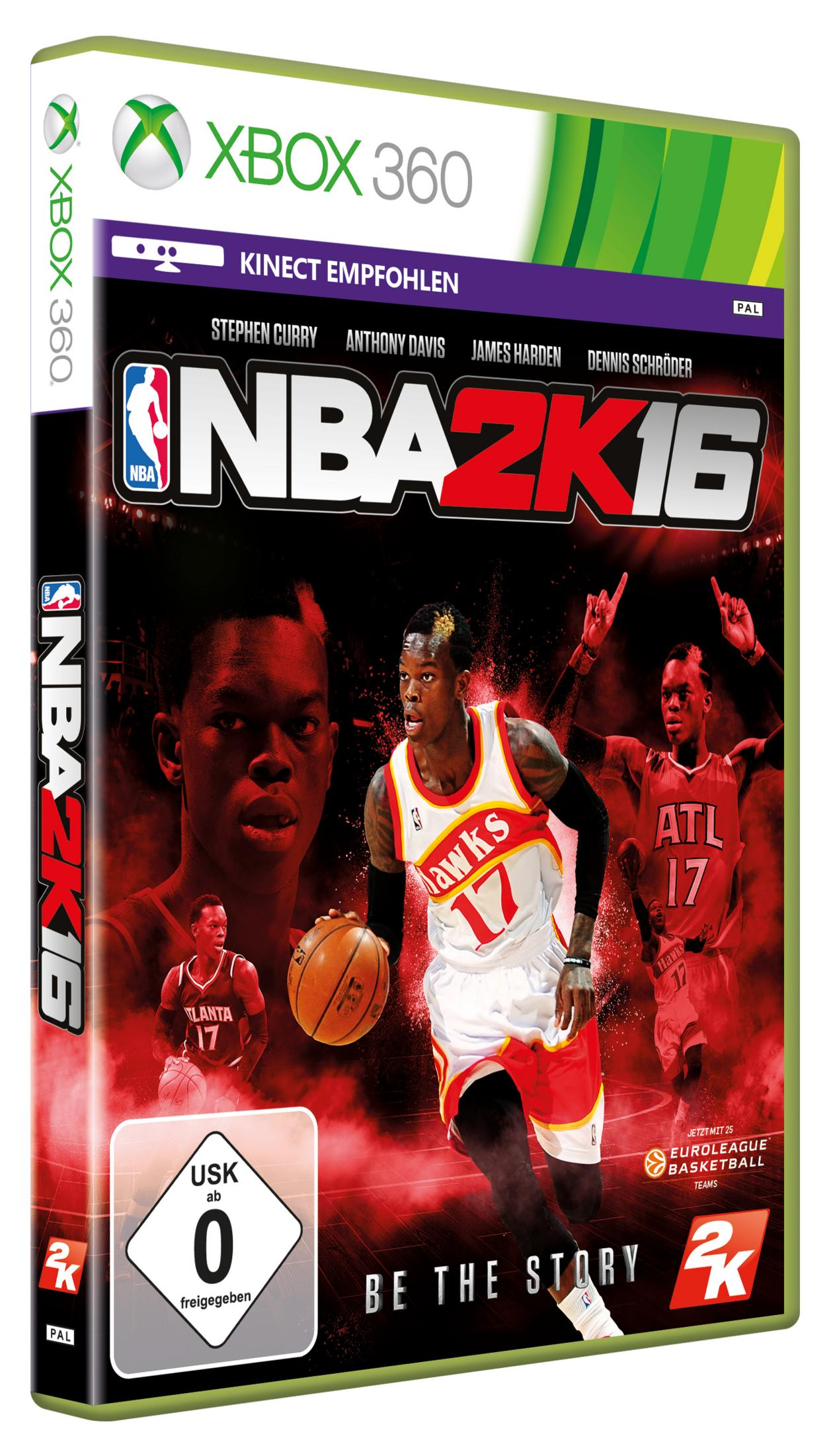 NBA 2K16 Xbox 360 Hülle mit Basketballspielern, Logo und Schriftzug.