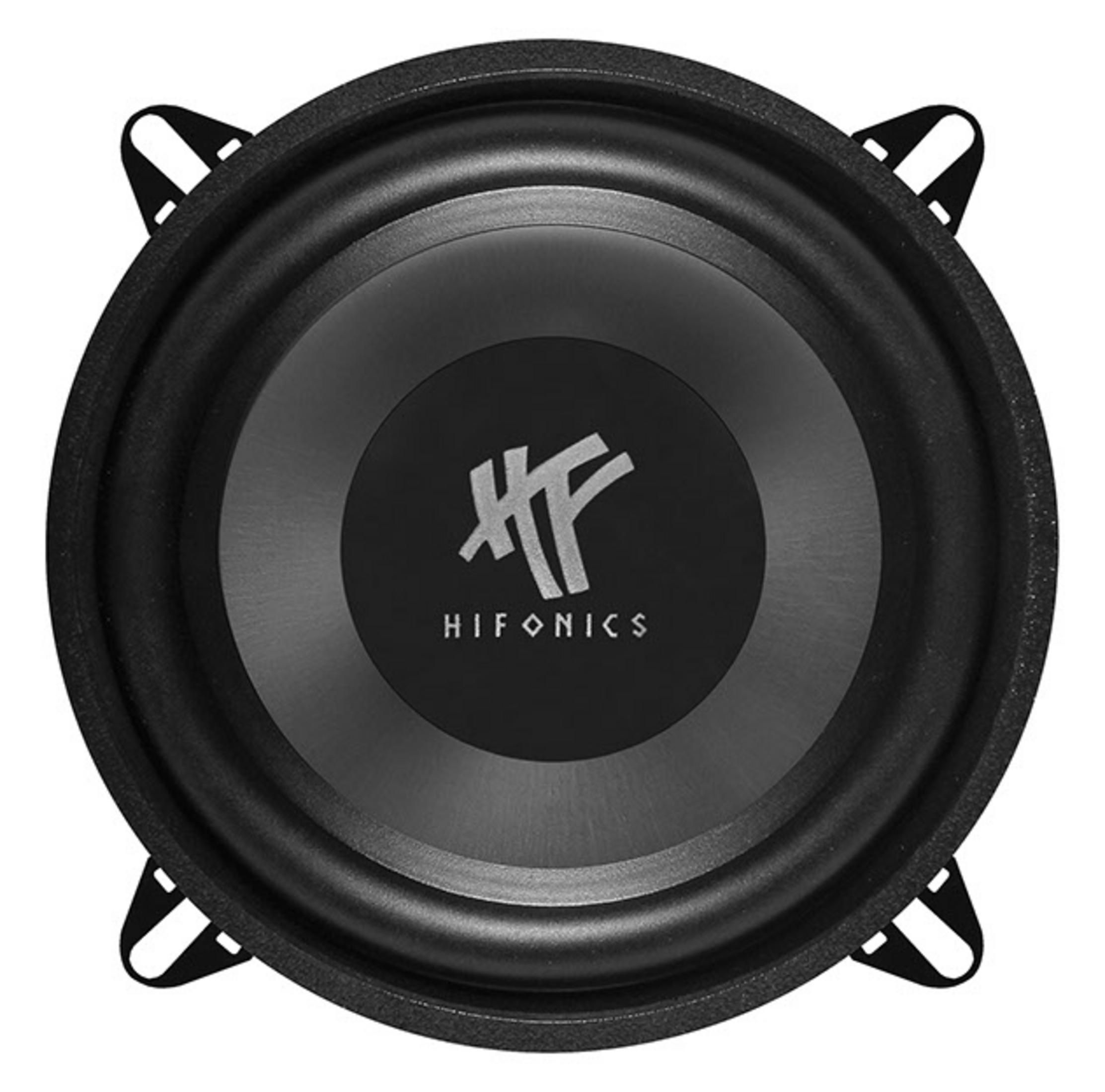 Schwarzer Subwoofer mit Hifonics-Logo und vier Befestigungslaschen.