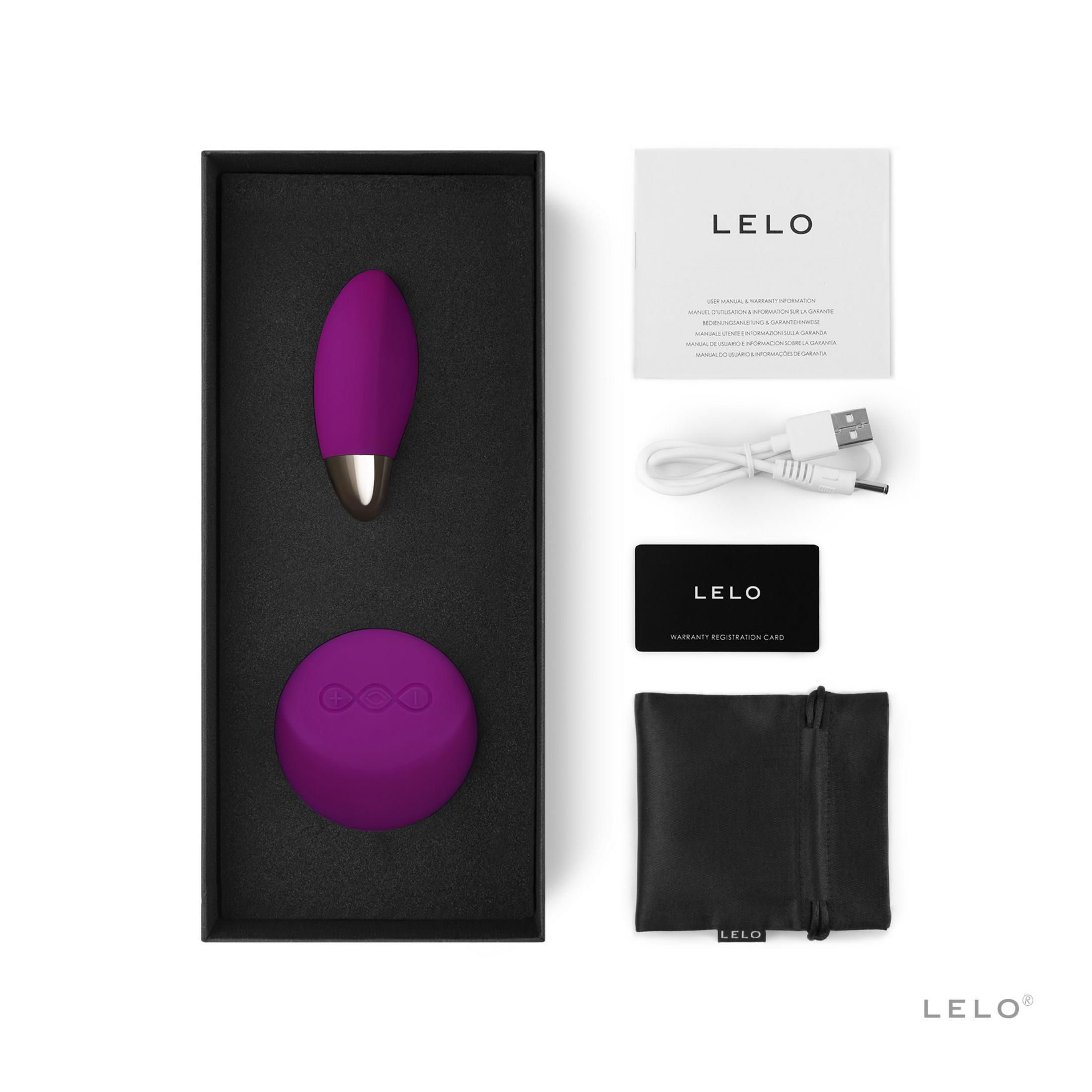 Lila Lelo Vibrator und Ladezubehör ordentlich auf weißem Hintergrund arrangiert.