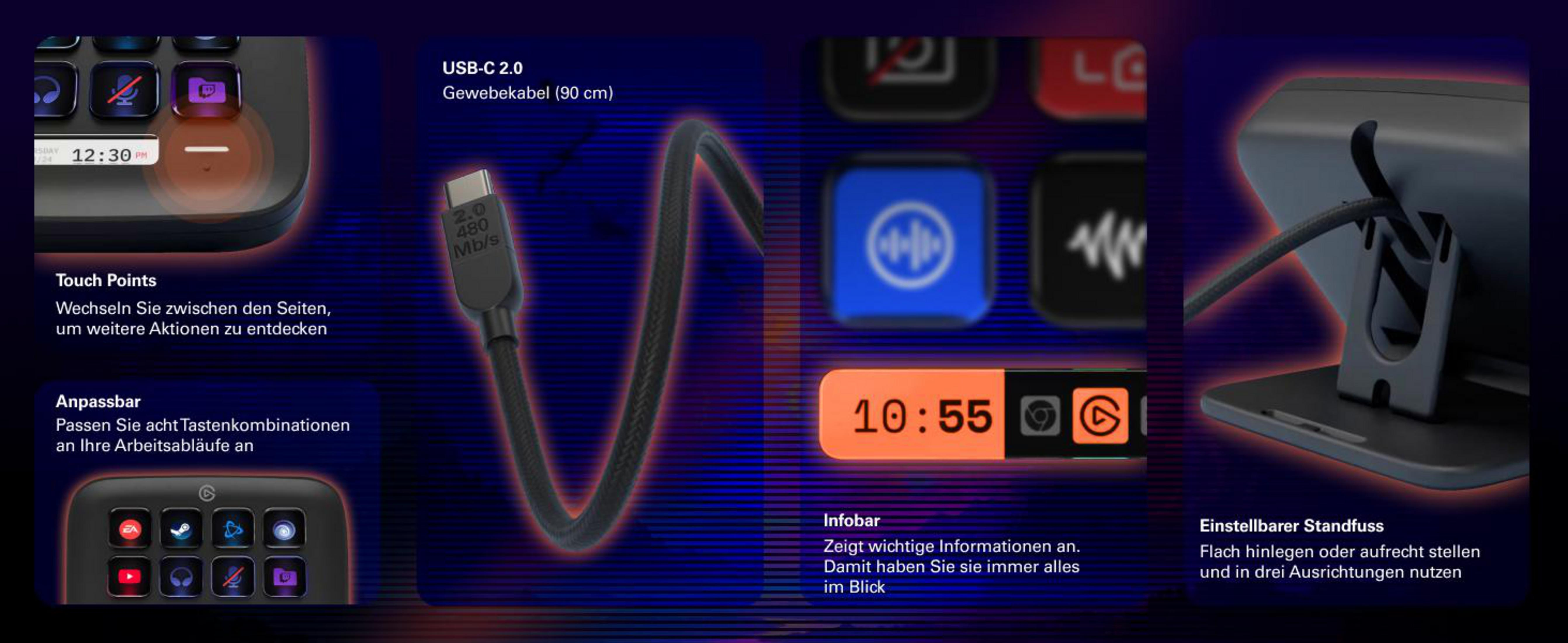 Un cavo USB-C 2.0 e un pannello touch con icone e orologio.