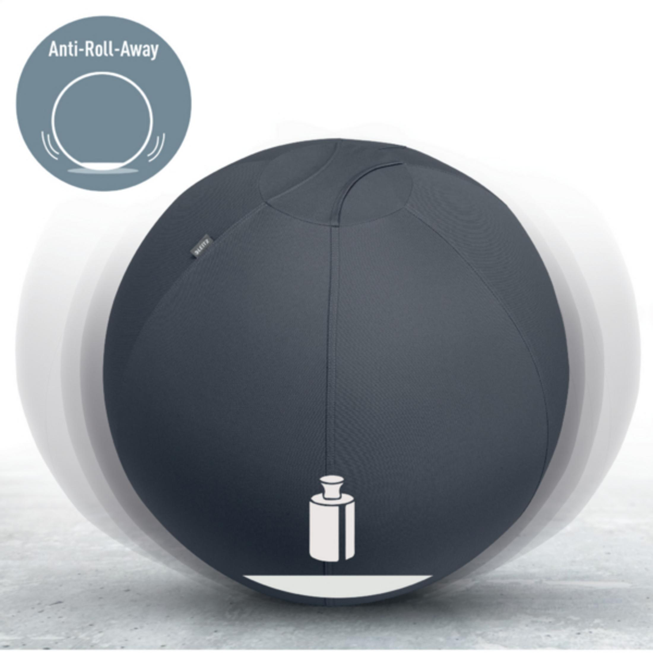 Palla da ginnastica grigia con simbolo anti-roll-away e indicatore di peso.