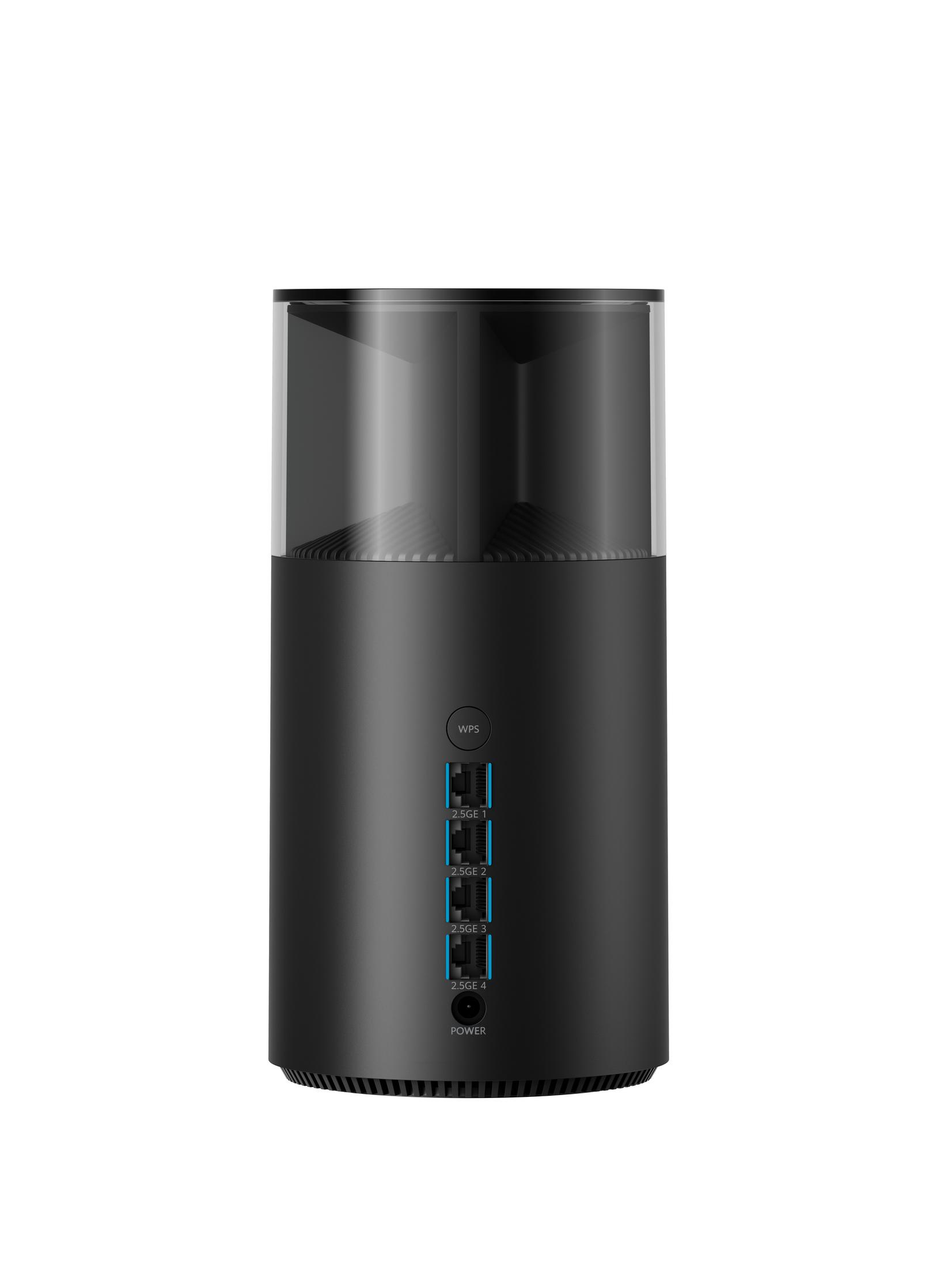 Un router nero con parte superiore trasparente e quattro porte 2,5 GbE.