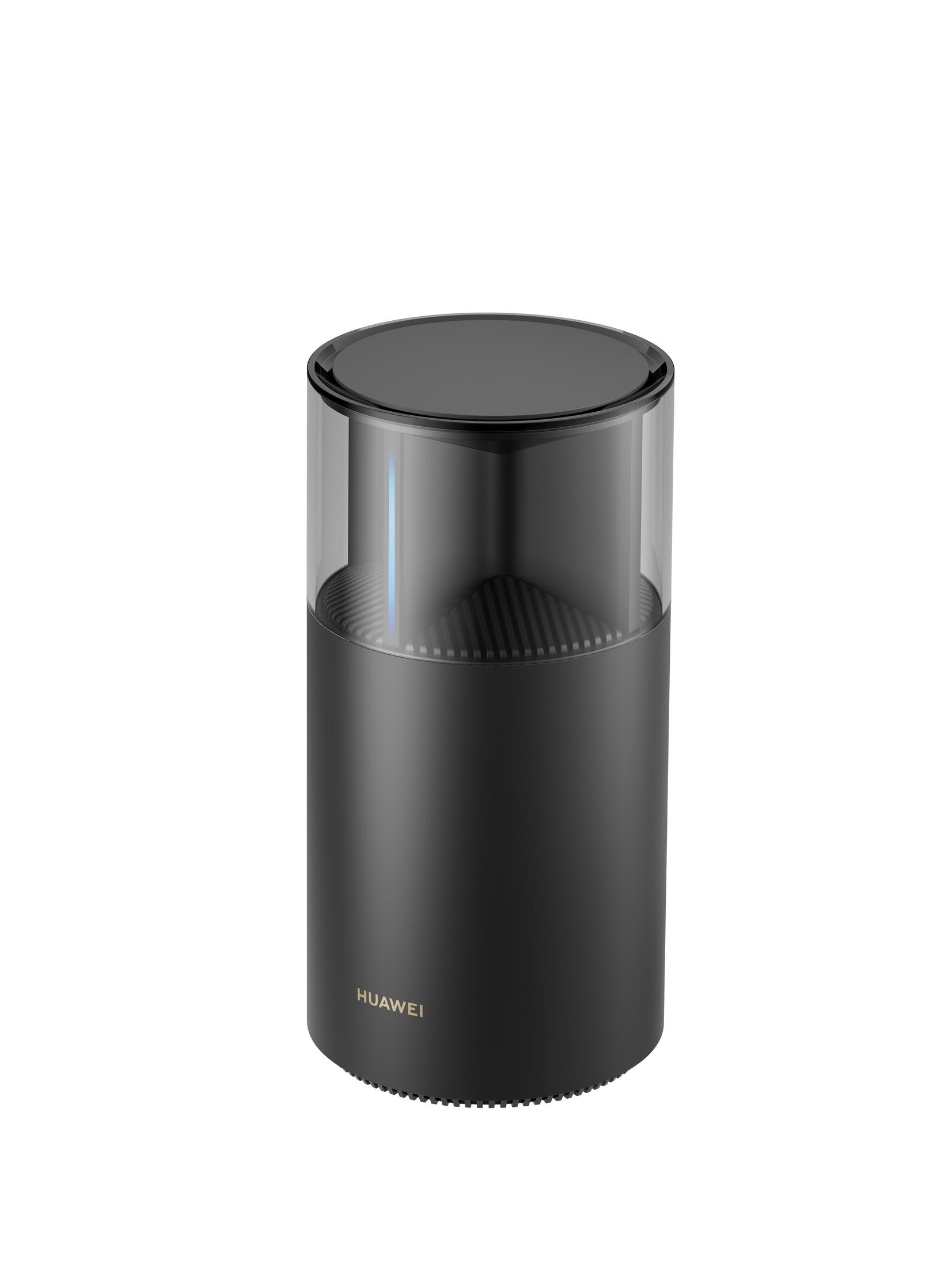 Un router Huawei nero e cilindrico con parte superiore trasparente e luce blu.