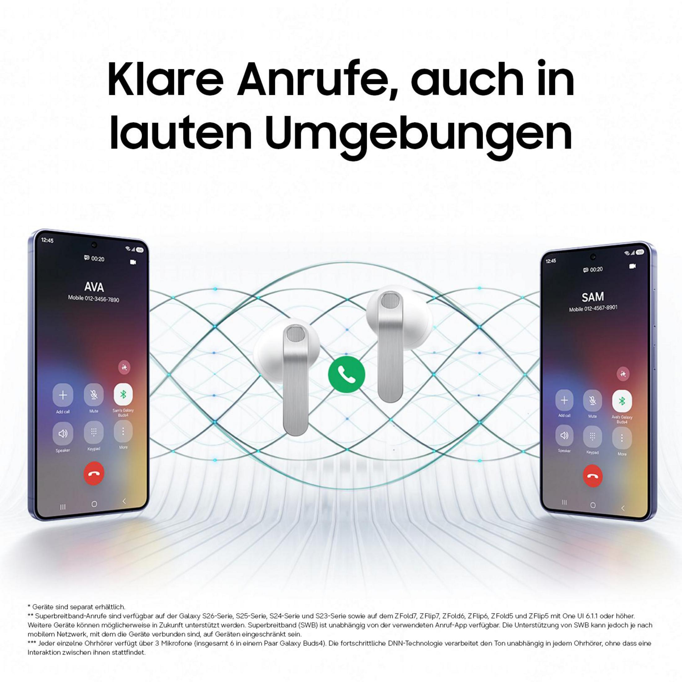 Zwei Smartphones und Galaxy Buds4, die klare Anrufe in lauten Umgebungen zeigen.